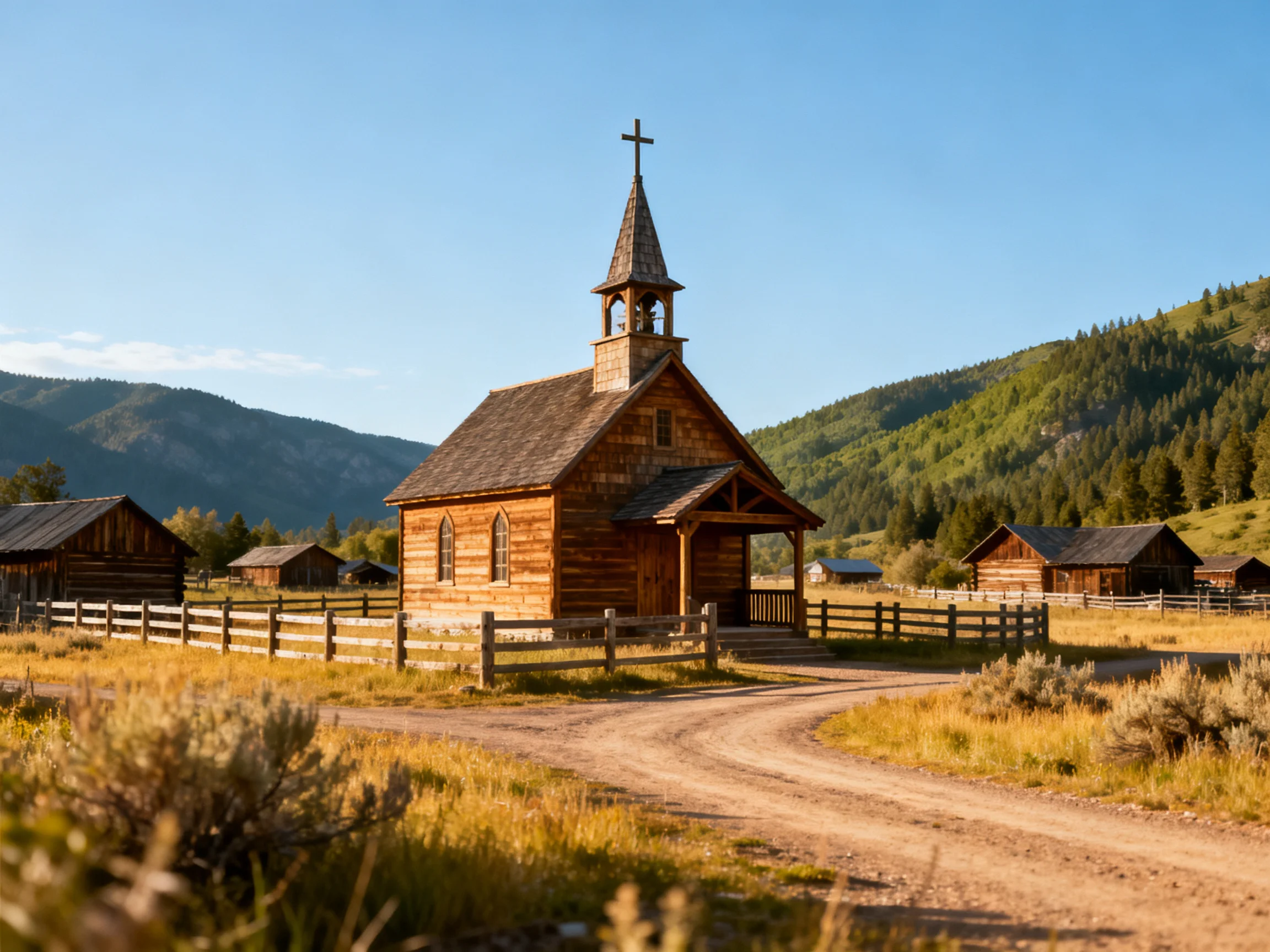 A rustic wooden church near barns and forested hills