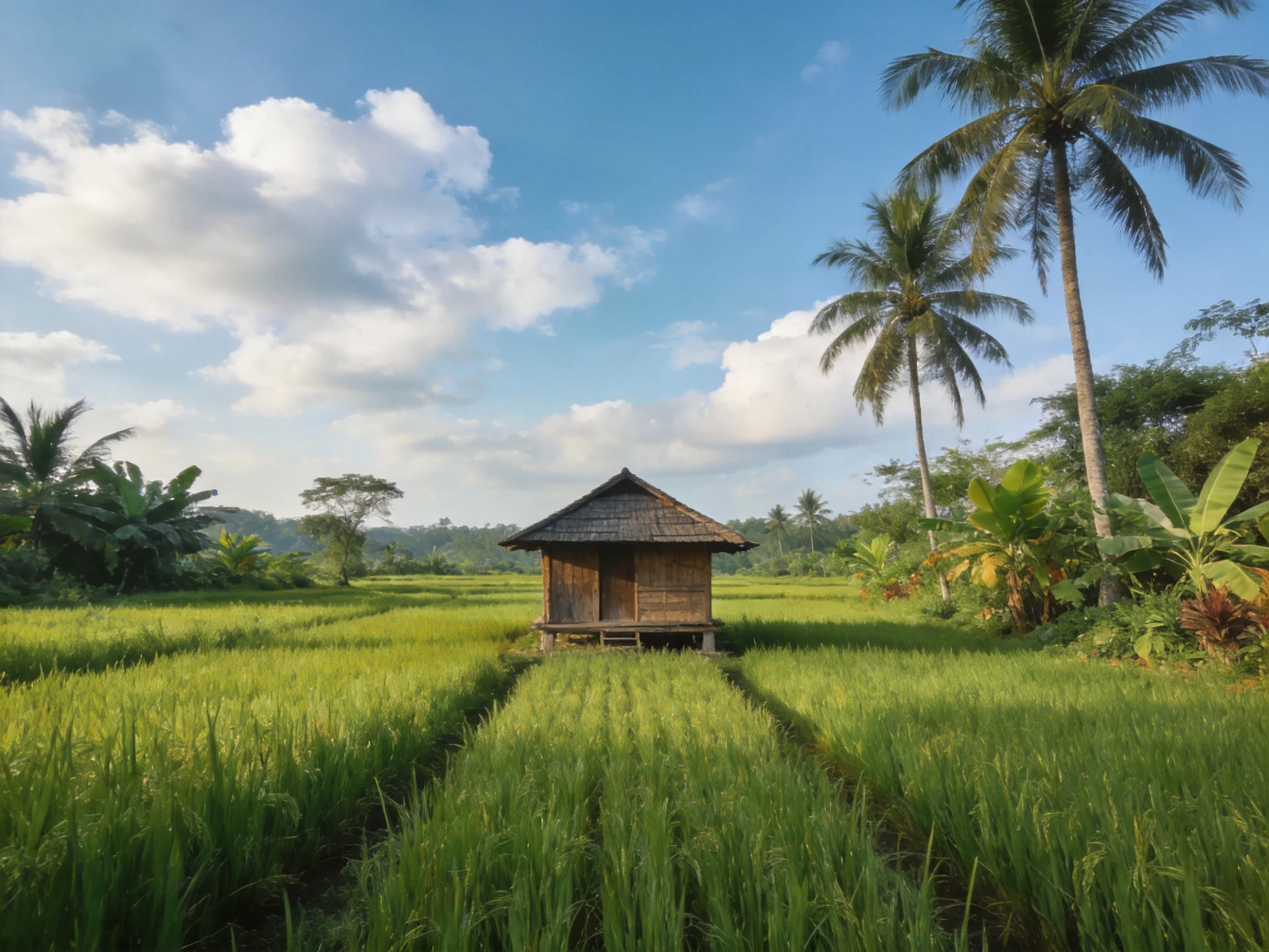 A rustic wooden hut sits amid lush green rice paddies with tall palms