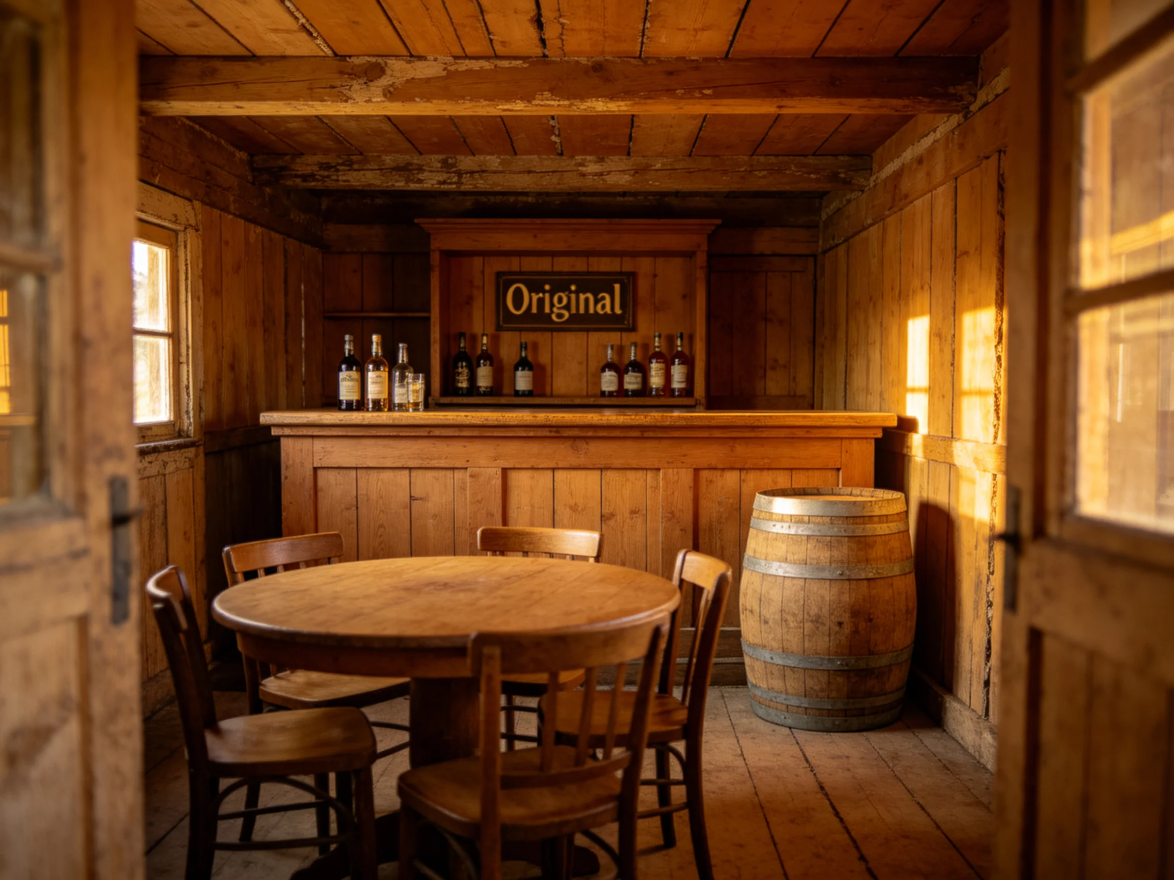 A rustic wooden saloon with a round table and barrels