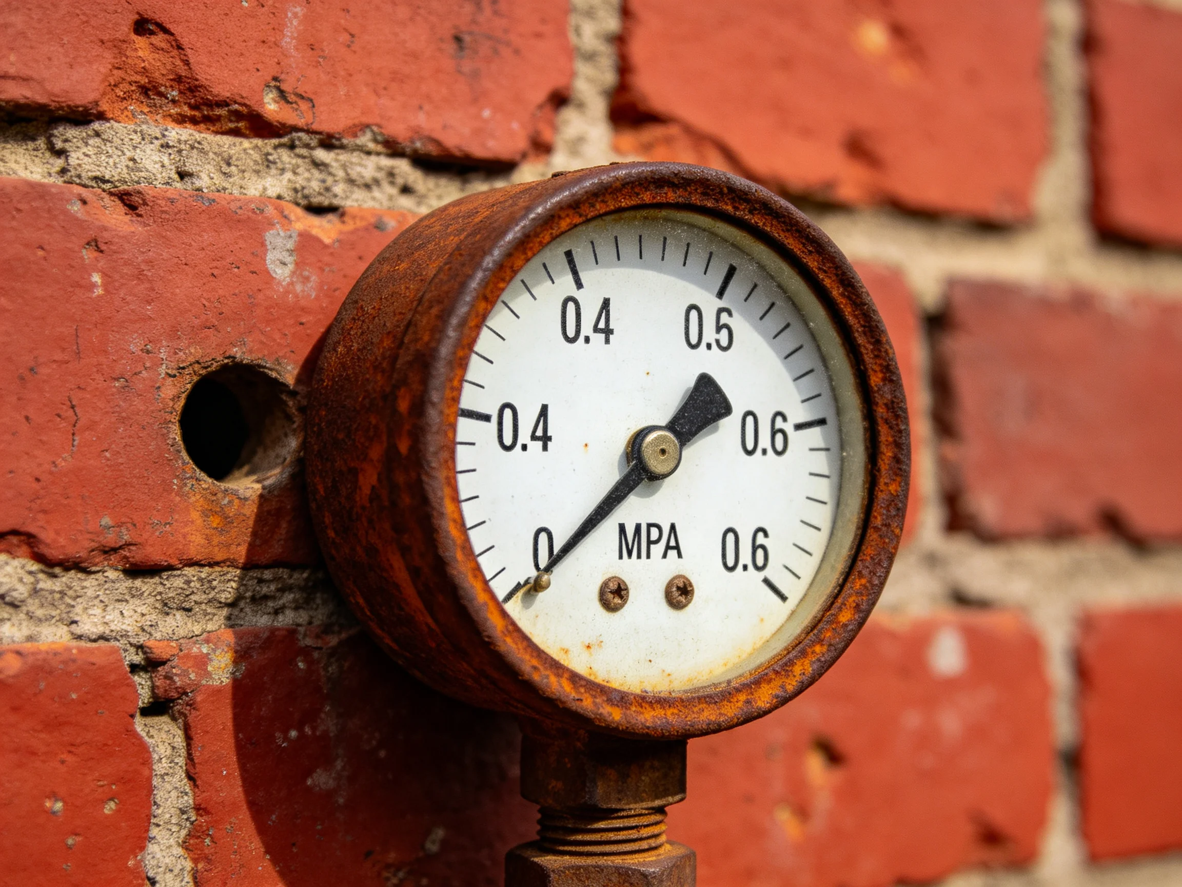 A rusty pressure gauge mounted on a weathered red brick wall