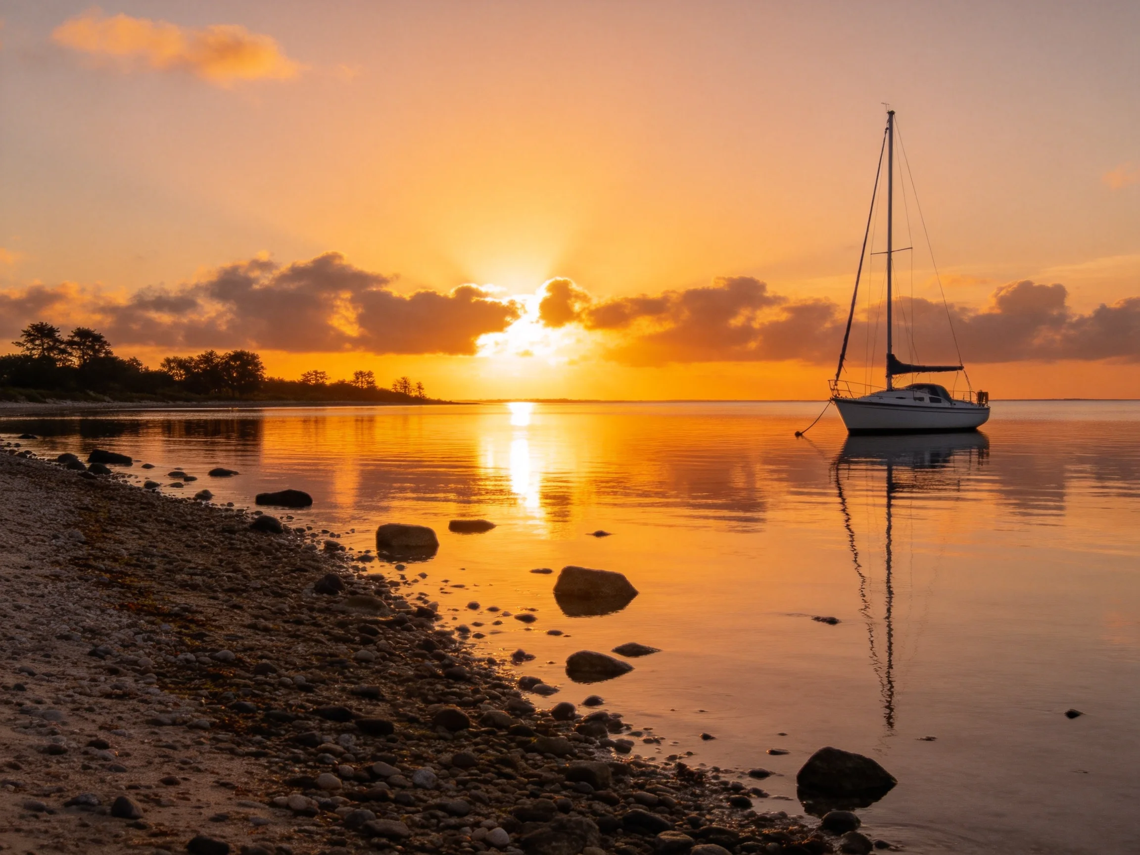 A sailboat rests near a rocky shore during a vibrant sunset