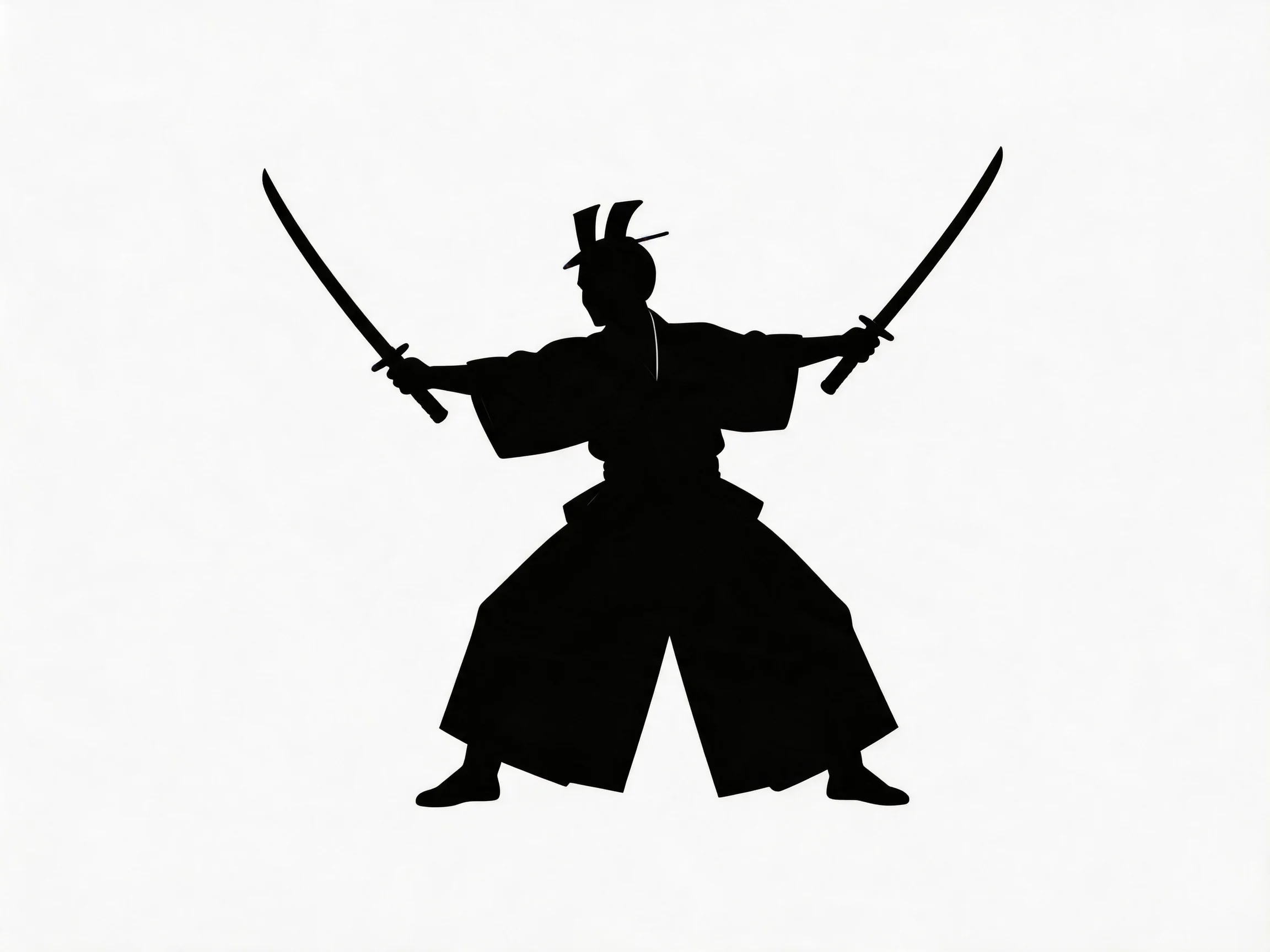A samurai warrior silhouette wielding two swords in traditional combat stance