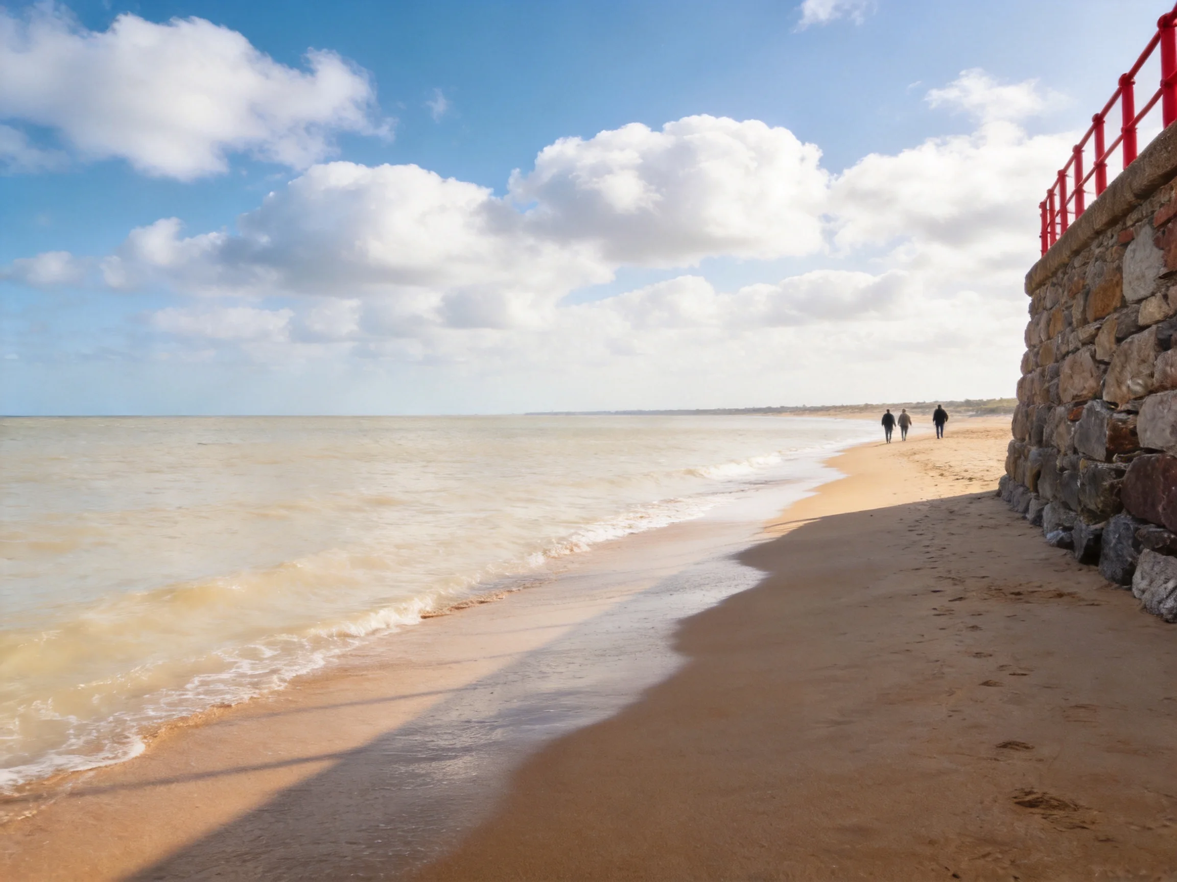 A sandy beach with a stone wall, red railing, and calm sea
