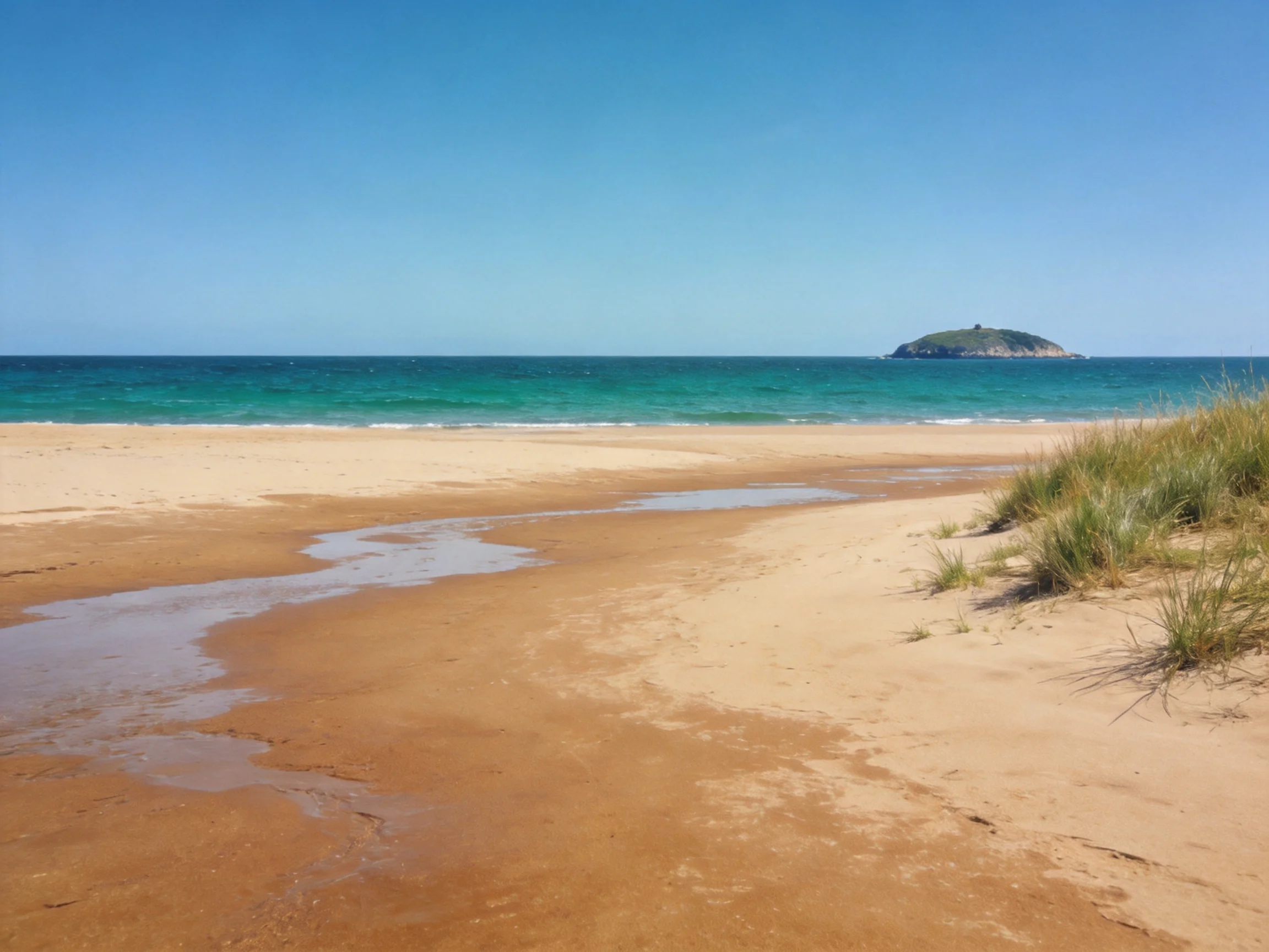 A sandy beach with turquoise waters, clear blue skies, and distant green island