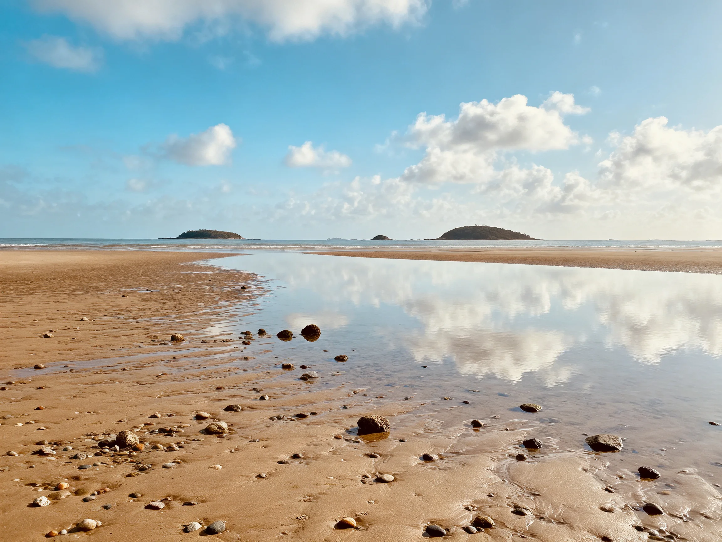 A scenic beach with wet sand, scattered rocks, and distant islands under clear blue skies
