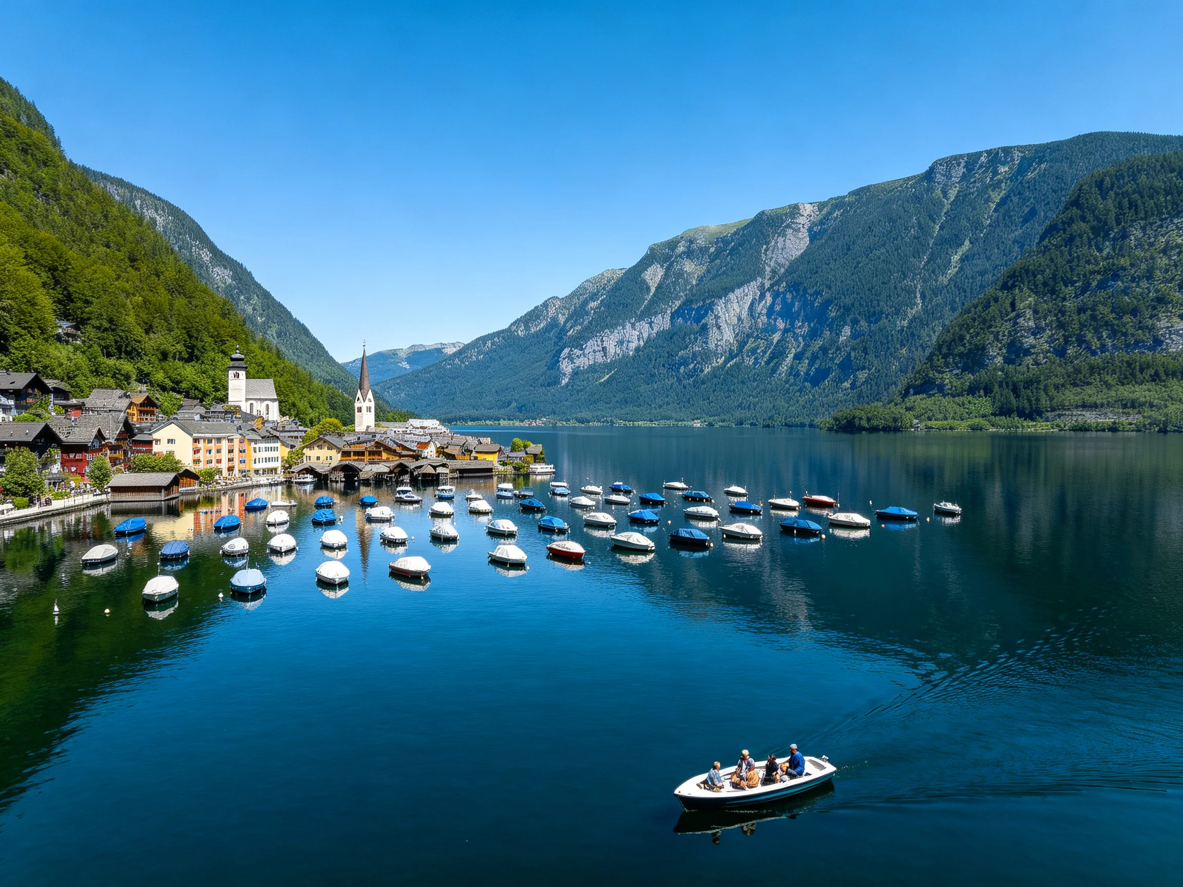 A scenic lakeside village with colorful buildings and many boats