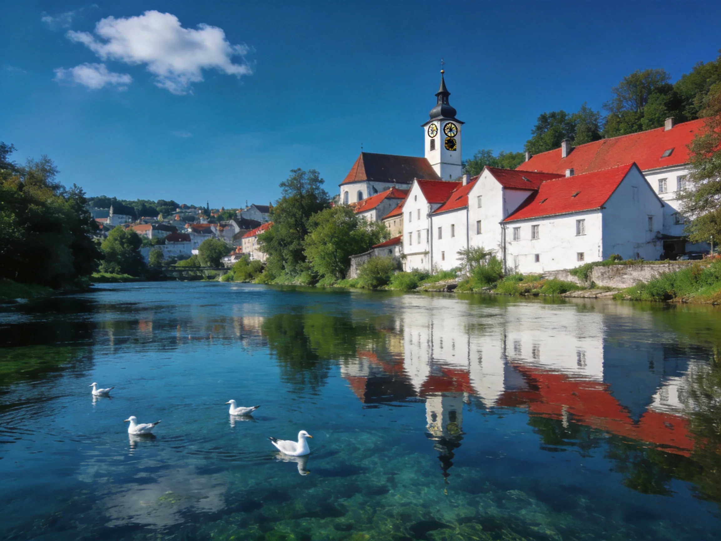 A scenic riverside view of red-roofed buildings and swans
