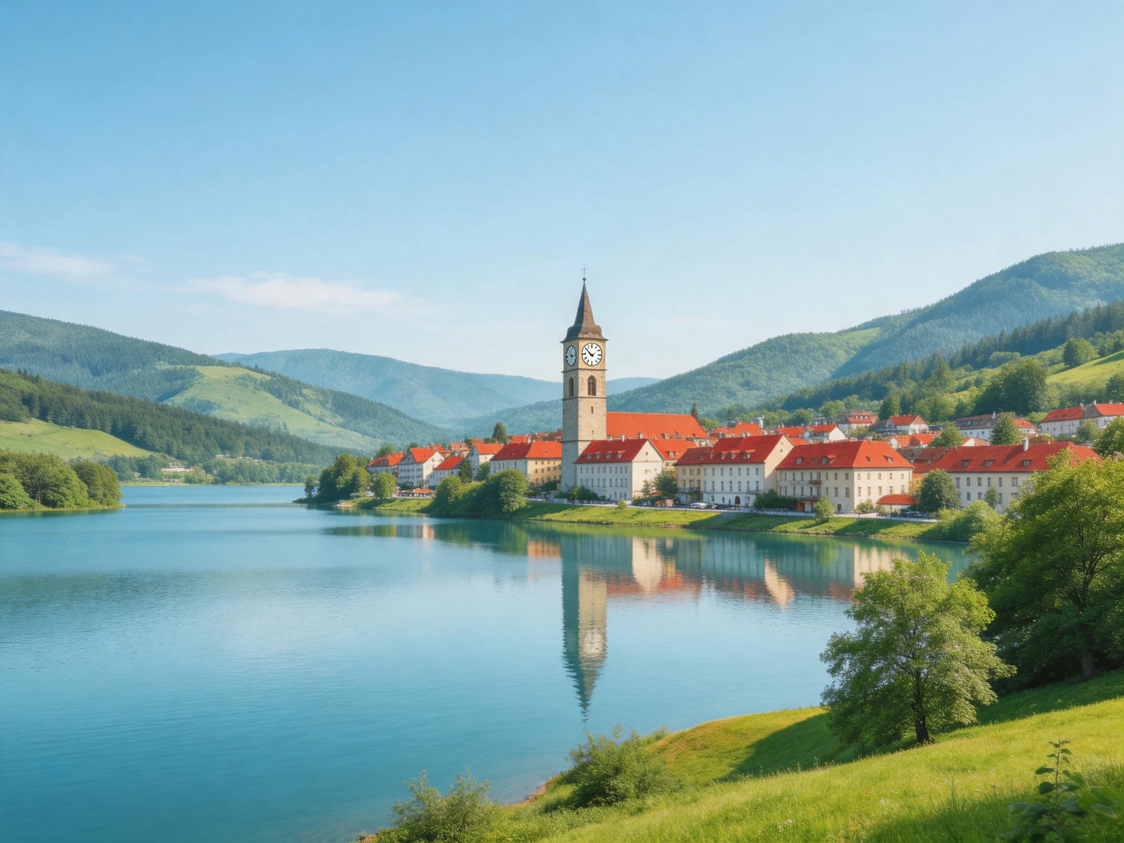 A scenic town with red-roofed buildings beside a tranquil lake