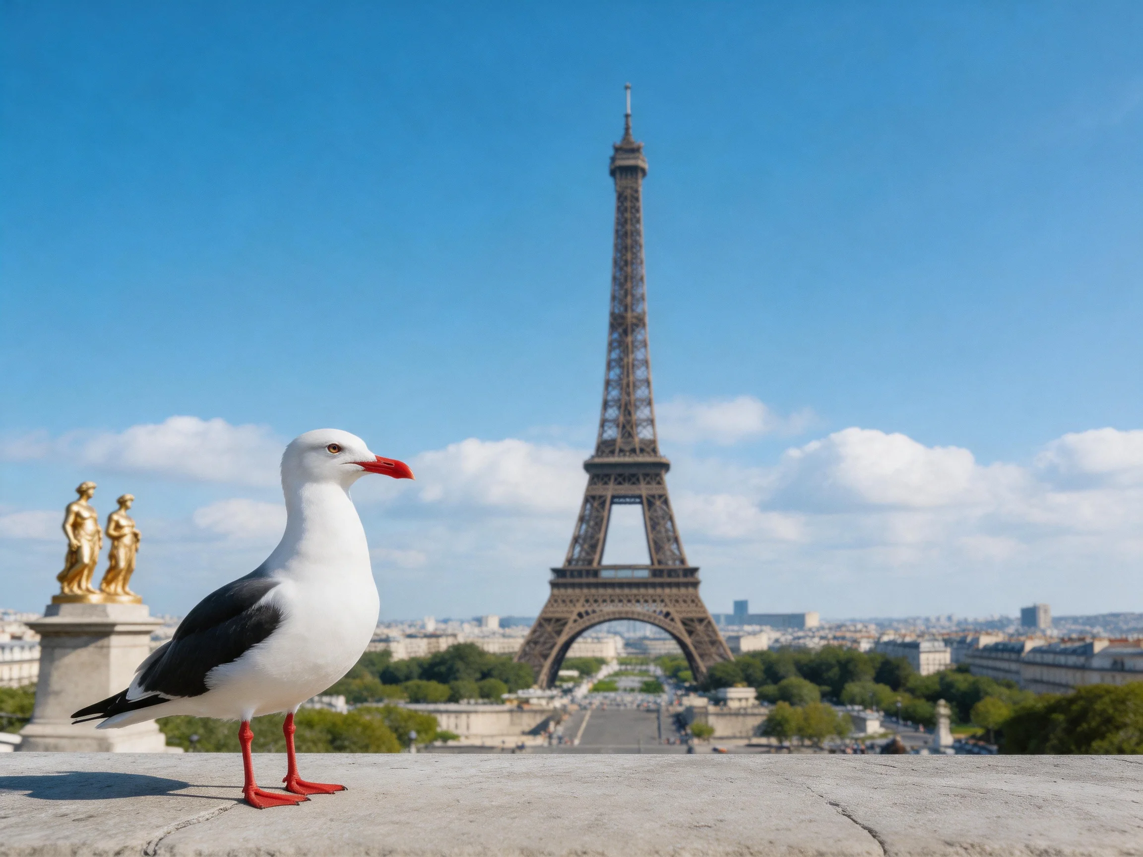 A seagull with red beak stands near golden statues by the Eiffel Tower