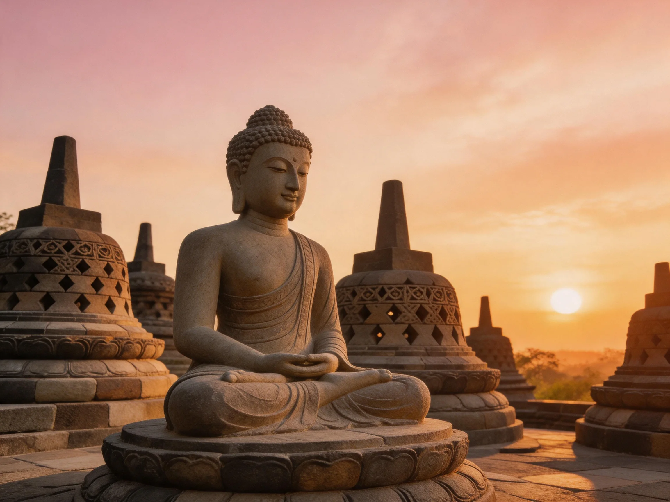 A serene Buddha statue among ancient stone stupas at sunset