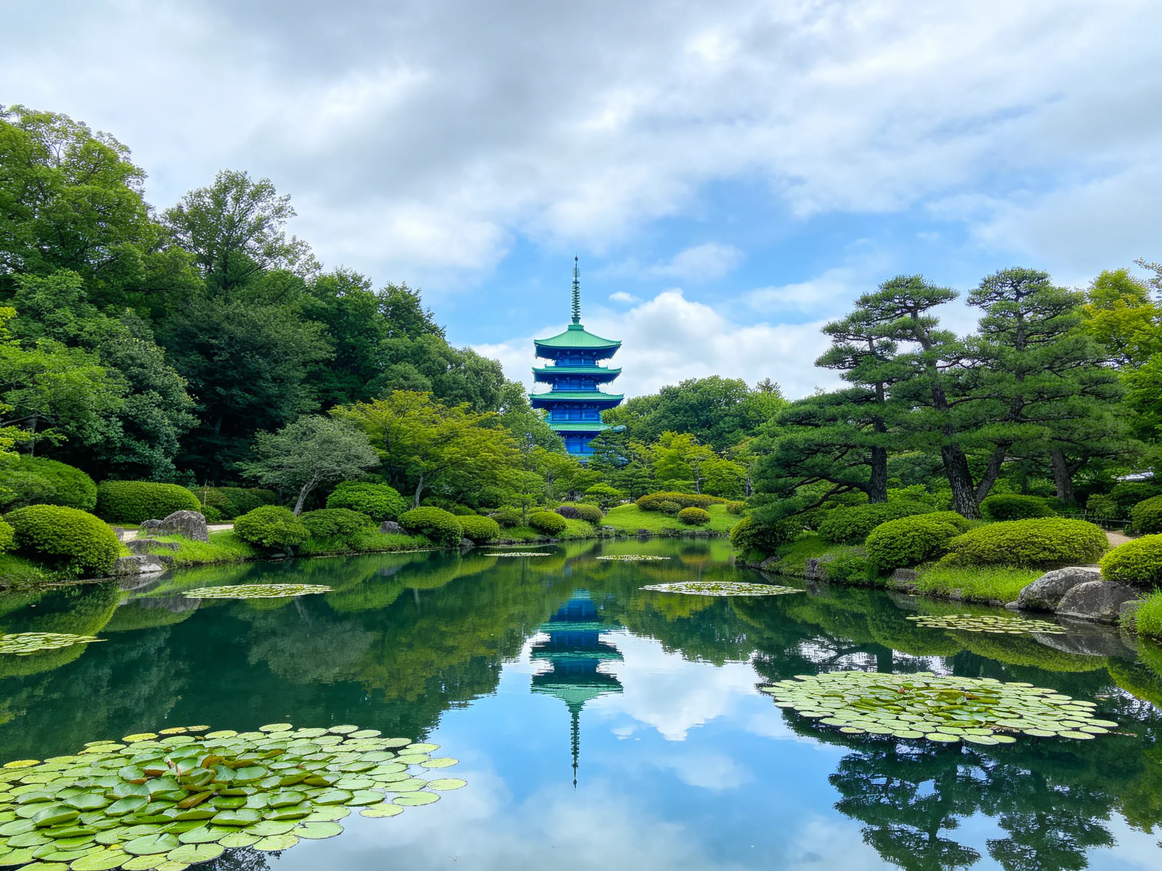 A serene Japanese garden with a blue pagoda reflected in a calm pond