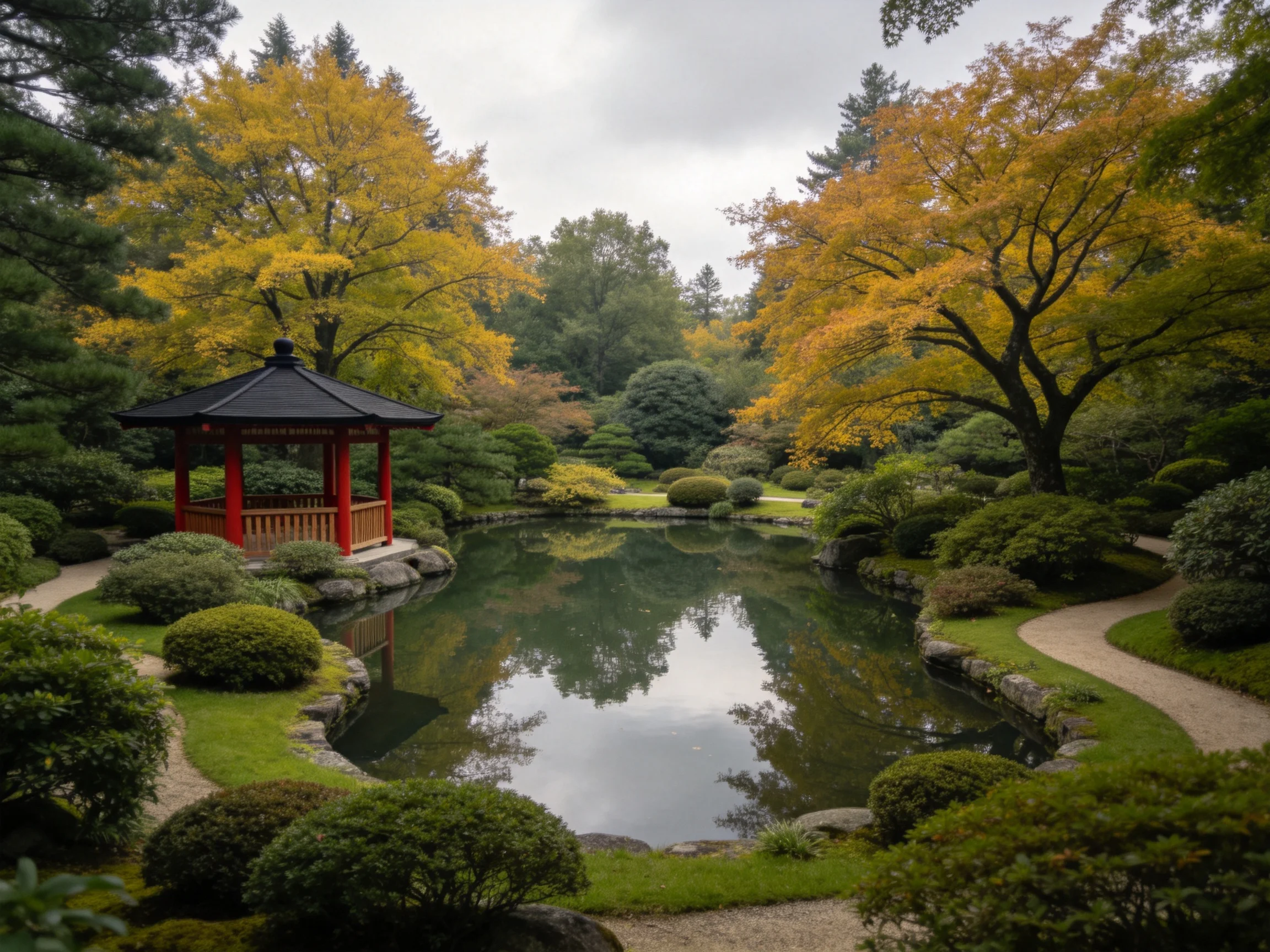 A serene Japanese garden with a red gazebo and golden trees