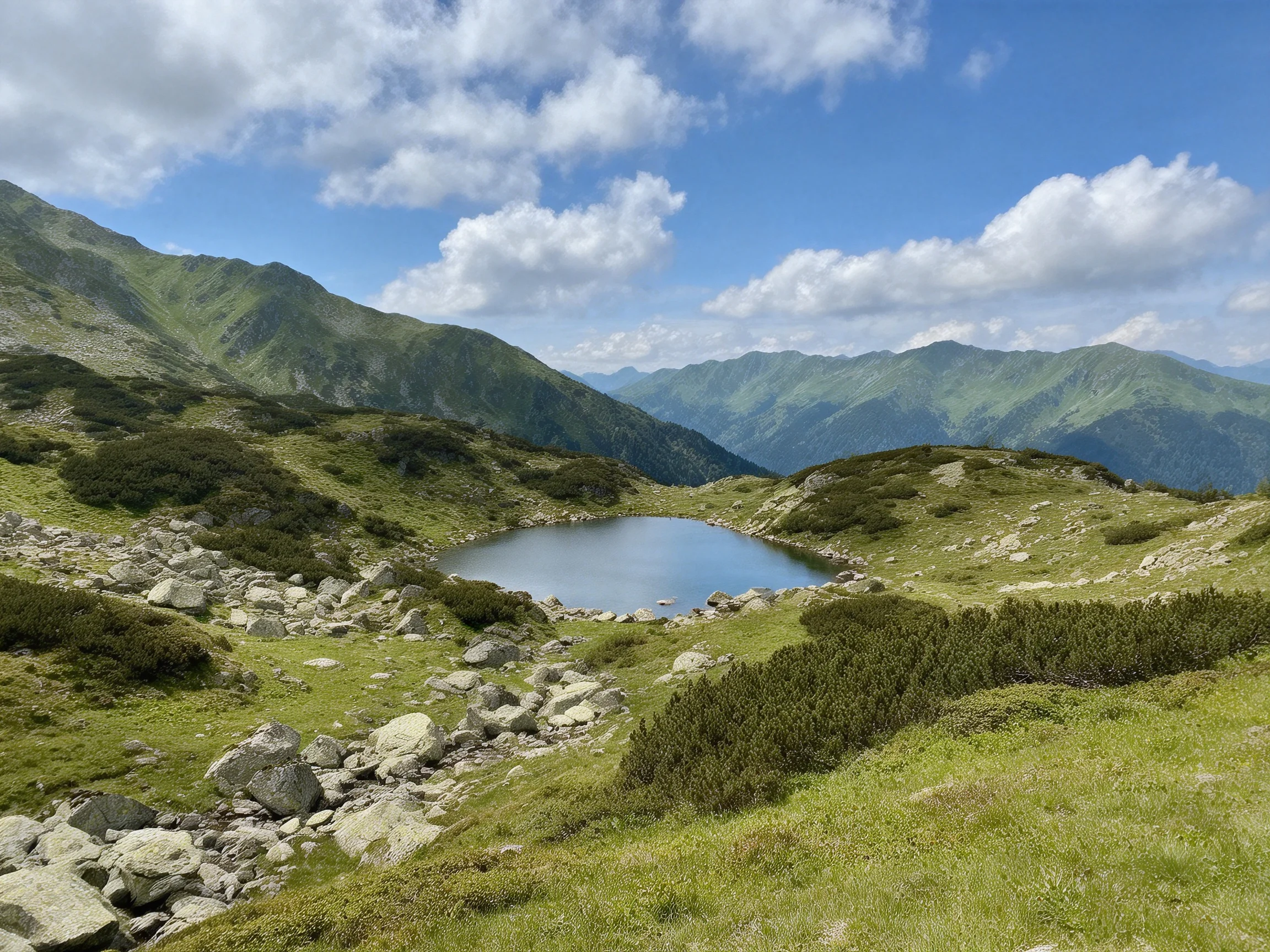 A serene alpine lake amid rocky green hills and distant mountains