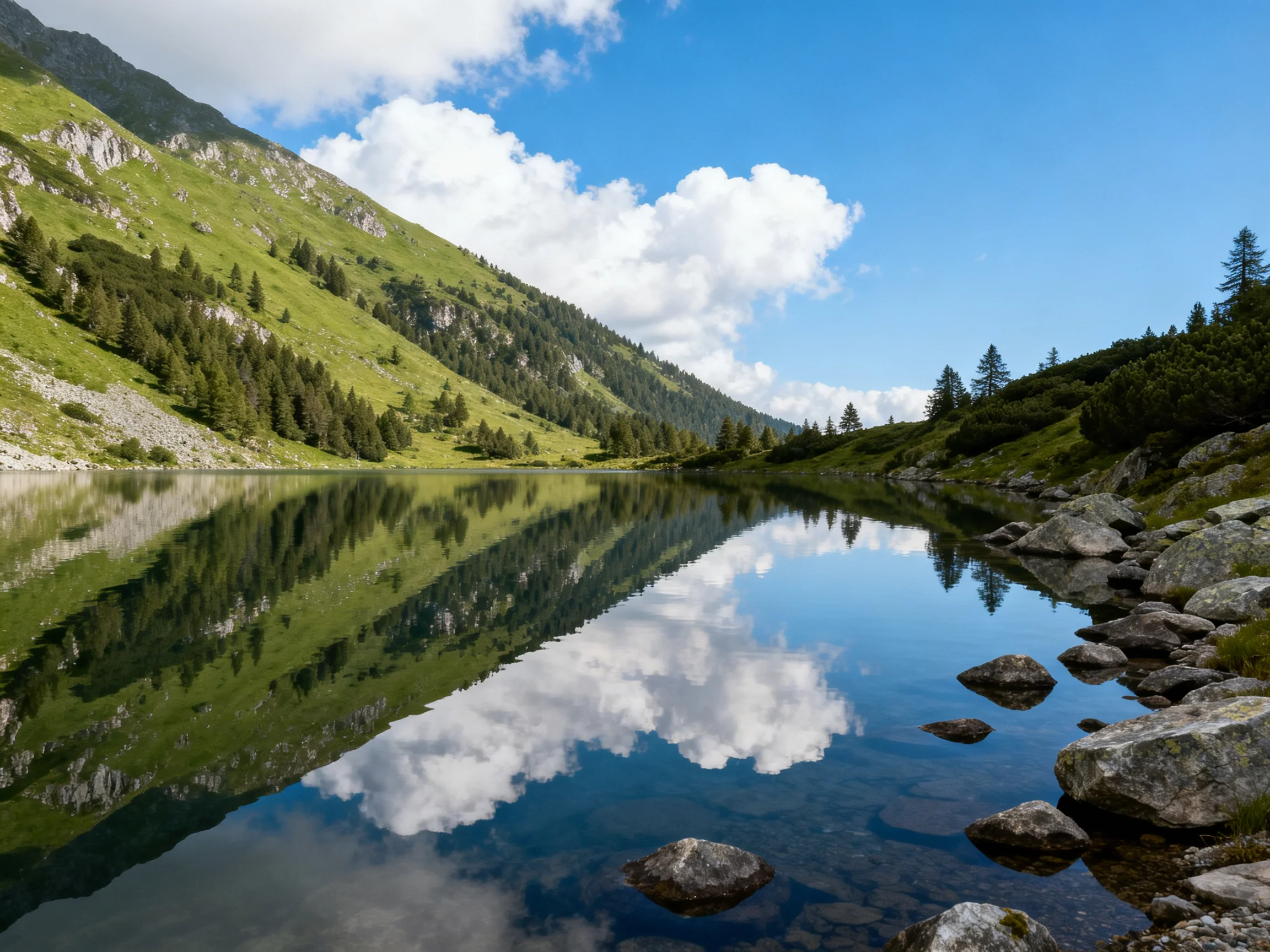 A serene alpine lake reflects lush green mountains and bright blue sky