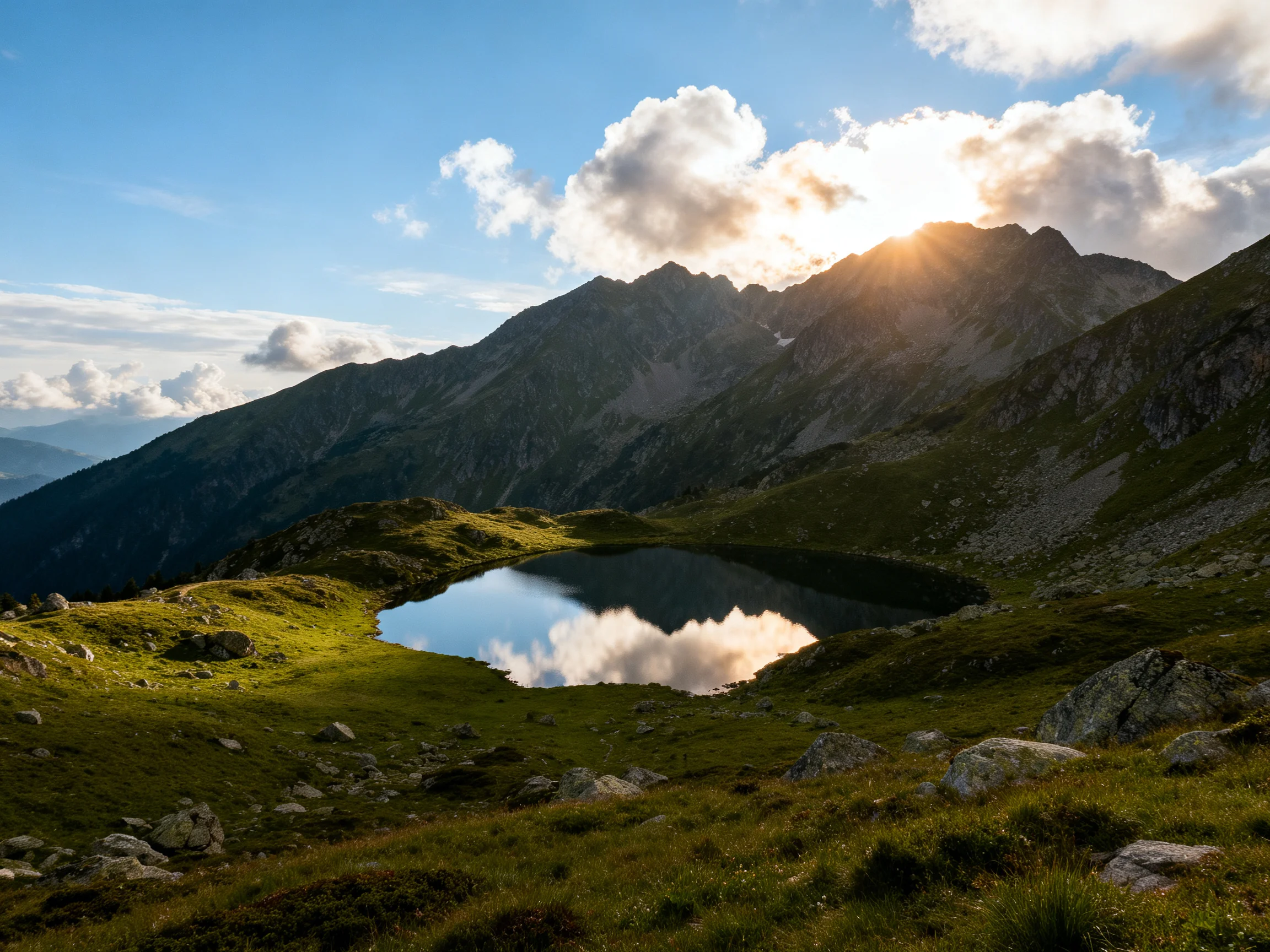 A serene alpine lake reflects sunlit mountain peaks and clouds