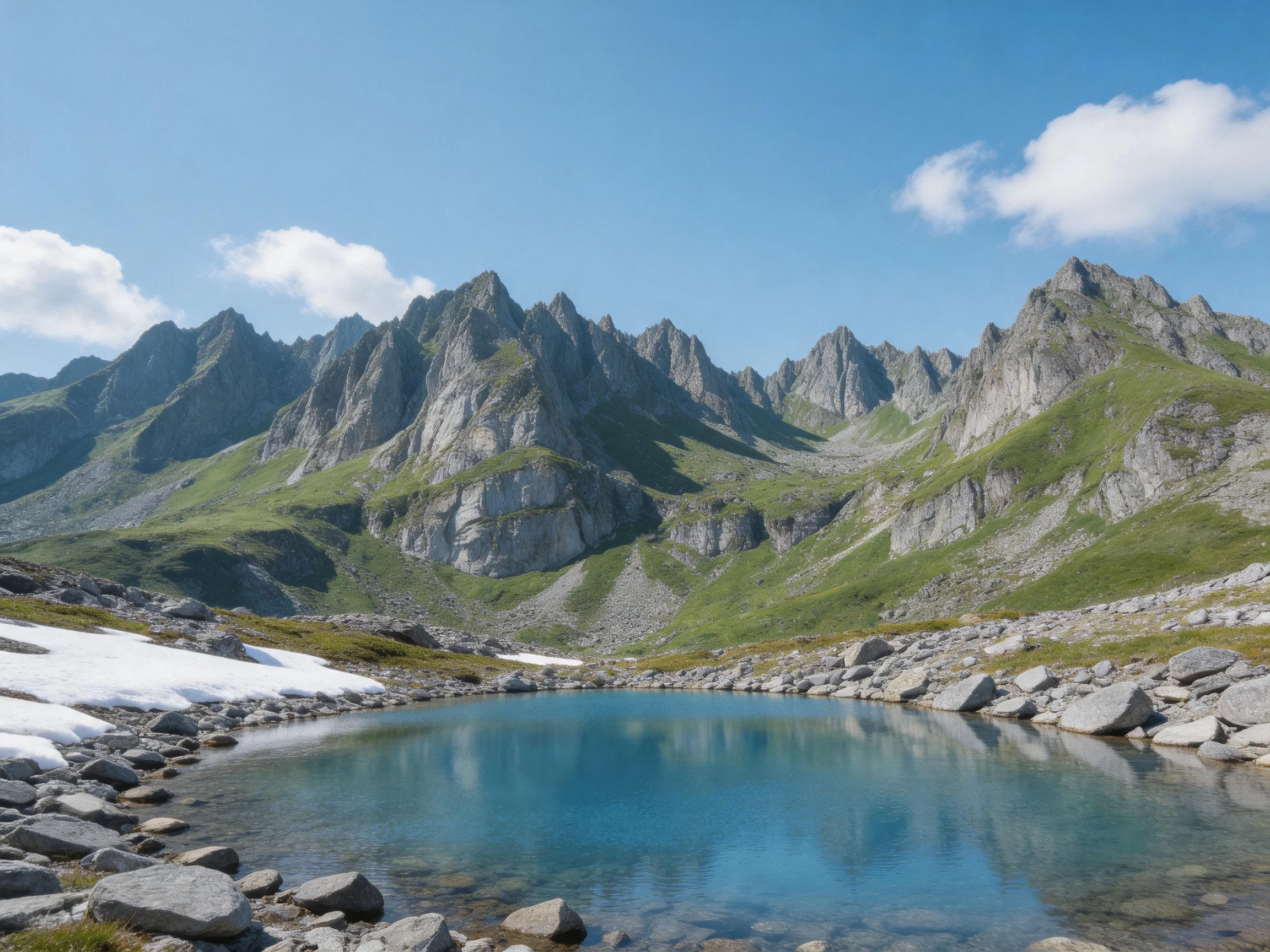 A serene alpine lake with rocky shores and jagged peaks