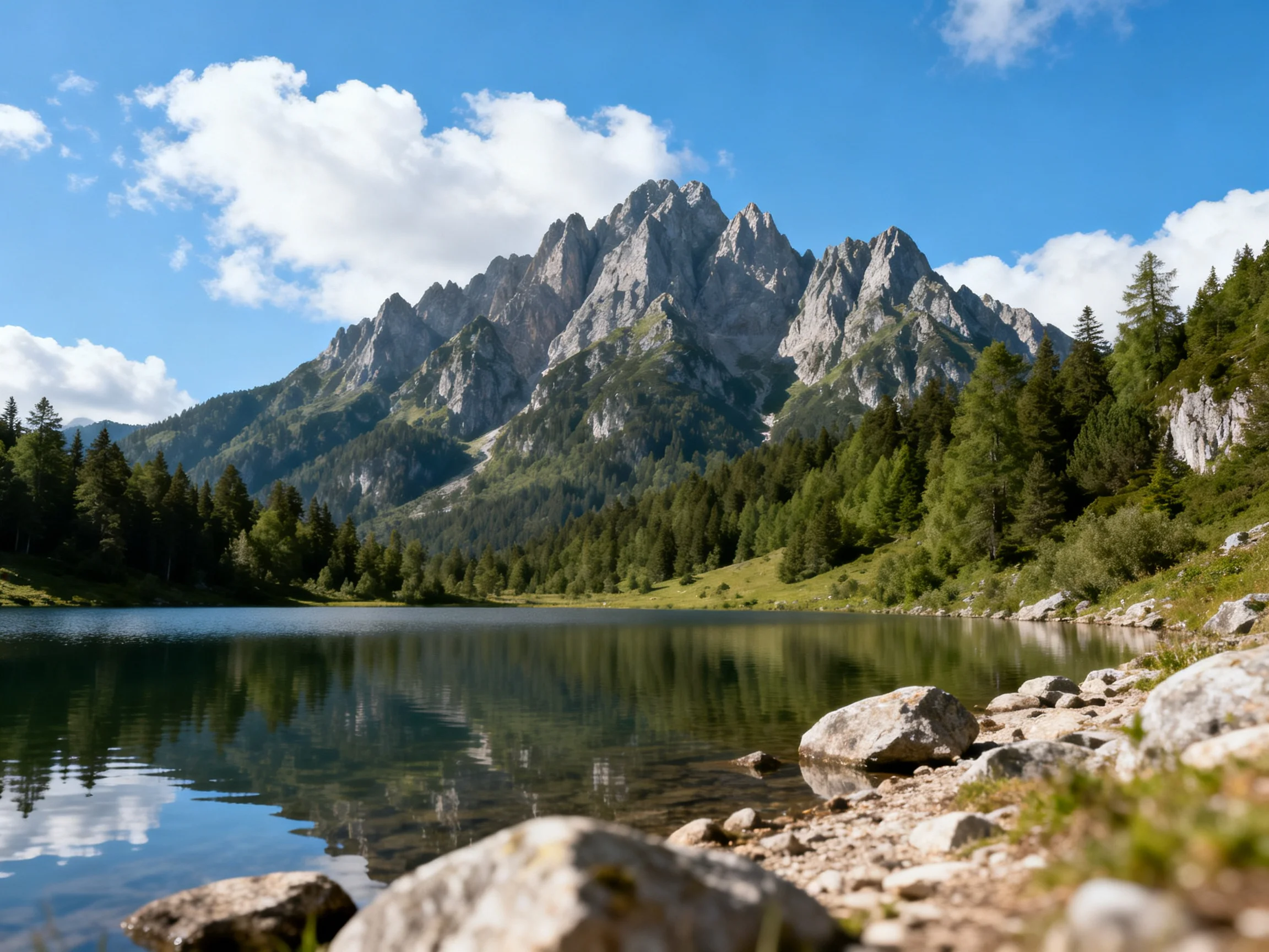 A serene alpine lake with rocky shores, dense forests, and towering peaks