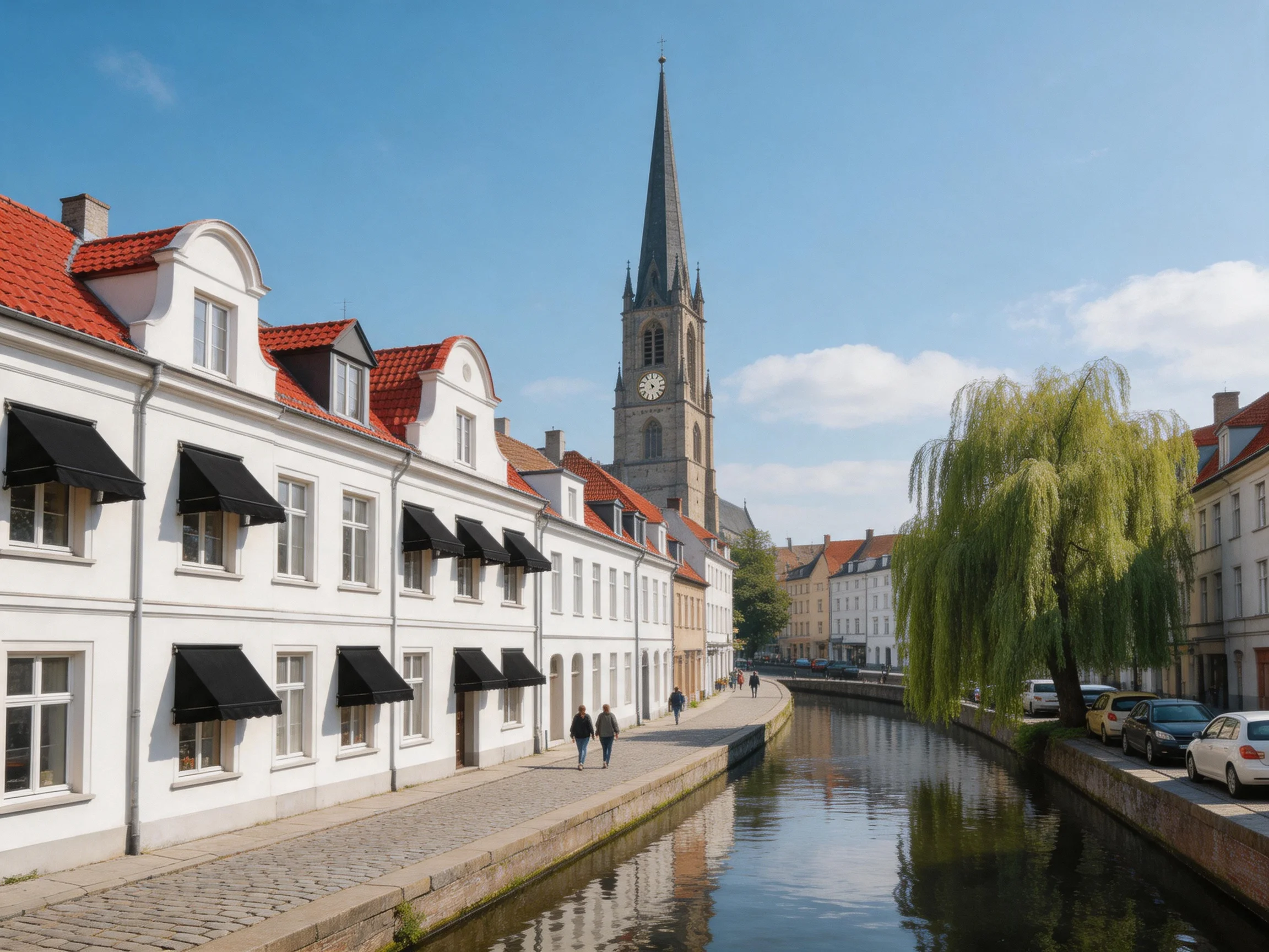 A serene canal lined with white buildings near a tall church tower