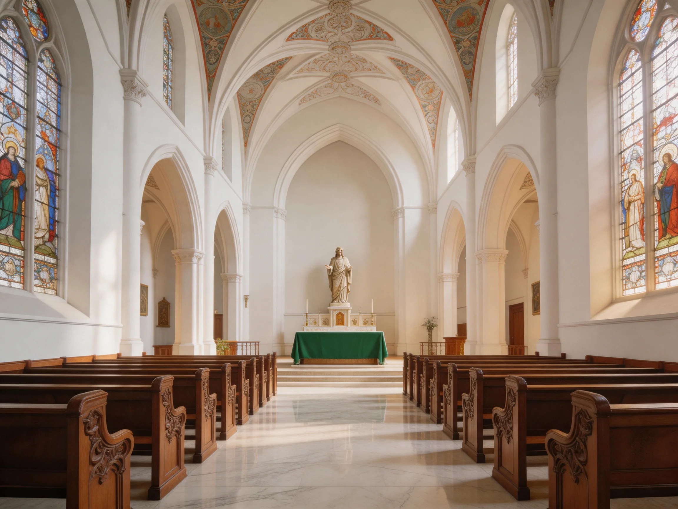 A serene church interior with stained glass, white arches, and wooden pews.