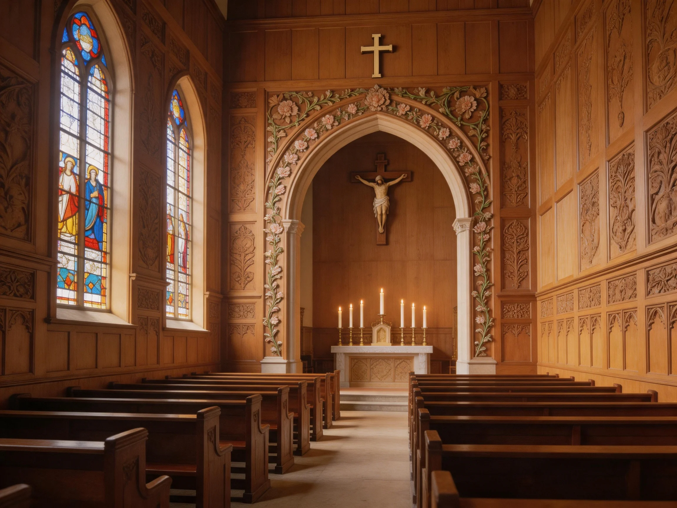 A serene church interior with stained glass windows and wooden pews