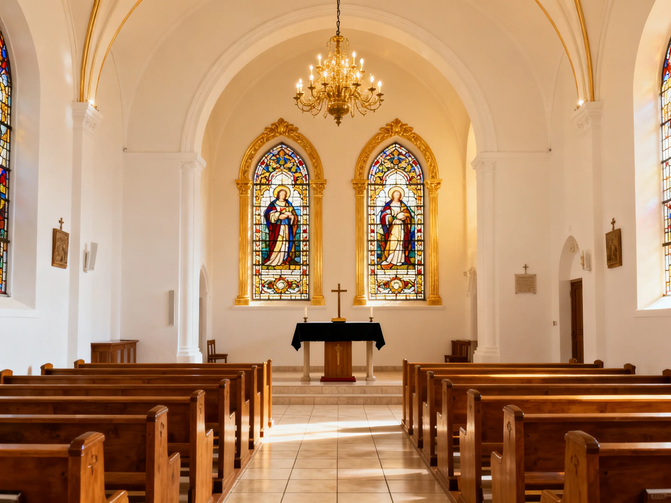 A serene church interior with two ornate stained glass windows