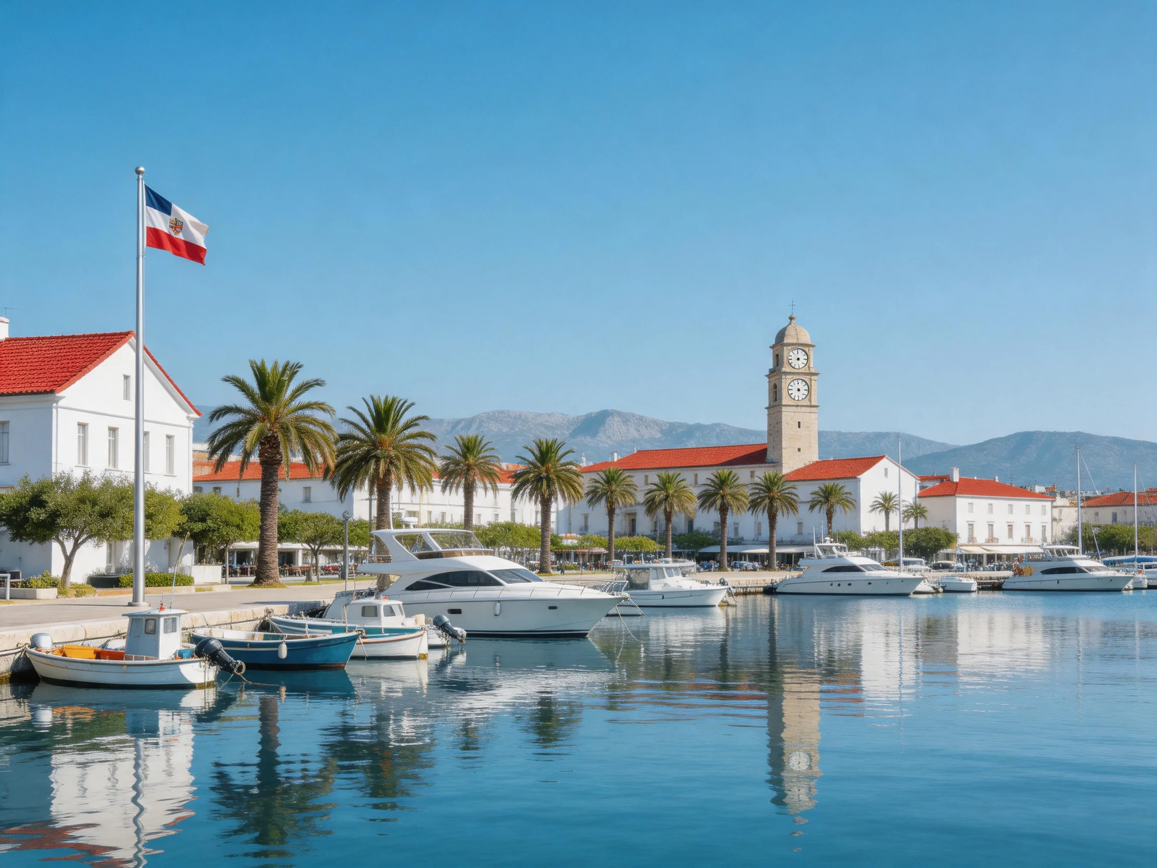 A serene coastal harbor with white buildings and red roofs
