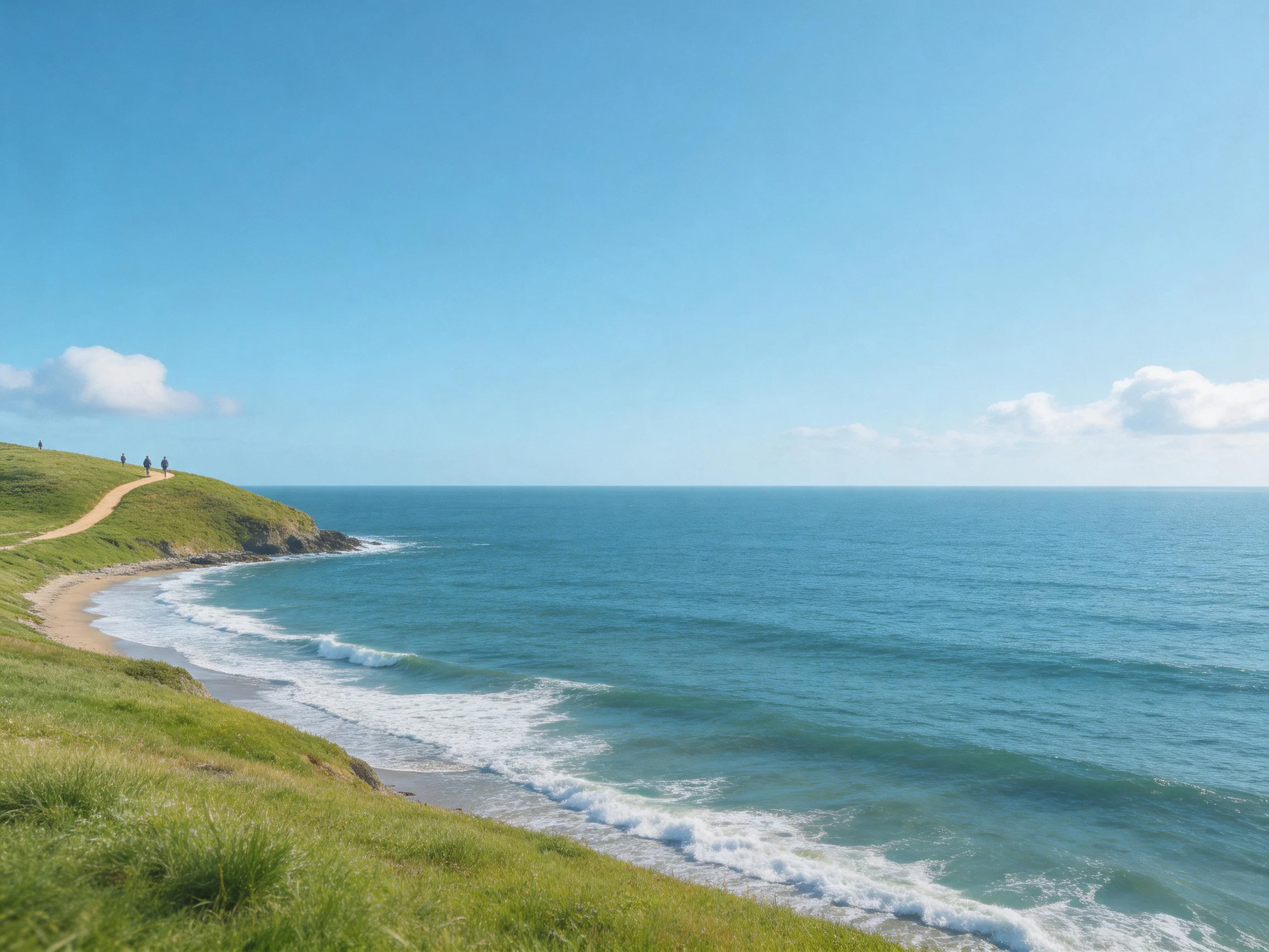 A serene coastal landscape with green cliffs, blue ocean, and sandy shore