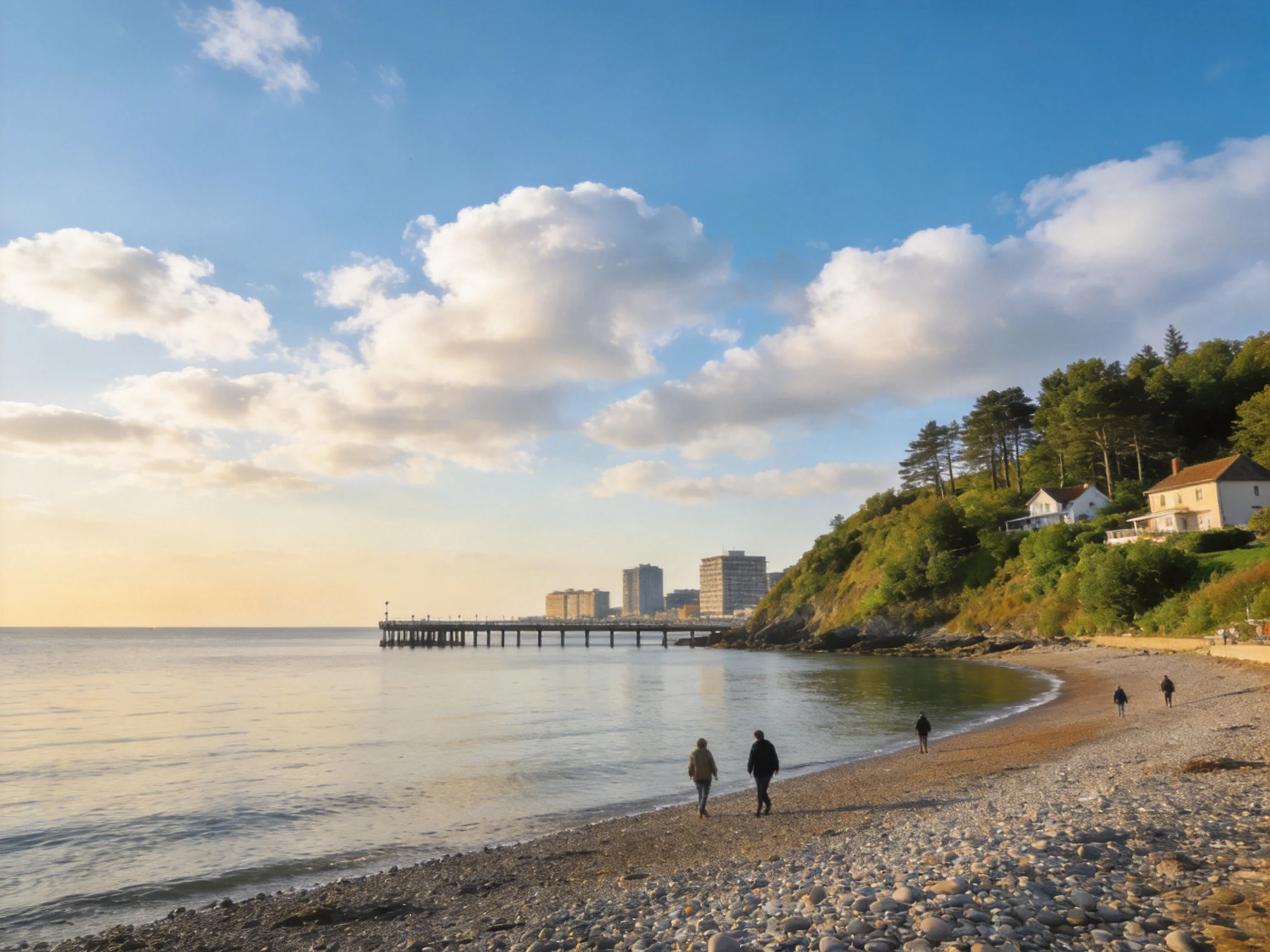 A serene coastal scene with pebbled shore and wooden pier