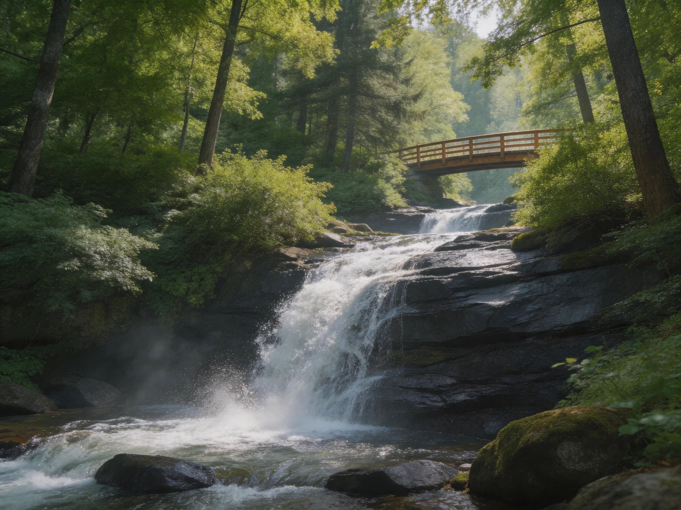 A serene forest waterfall with a wooden bridge over rushing water