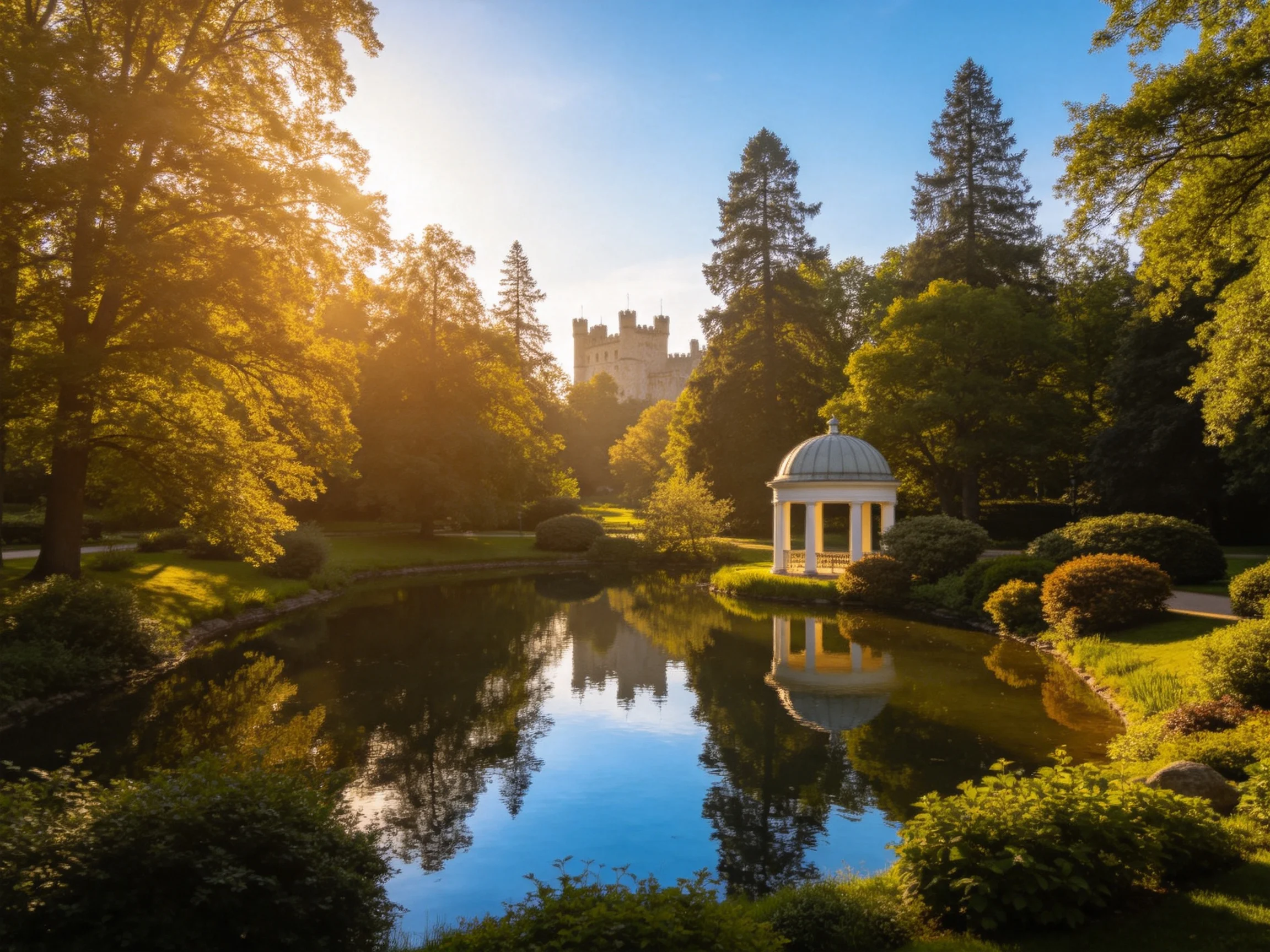 A serene garden pond with a white gazebo near a distant castle