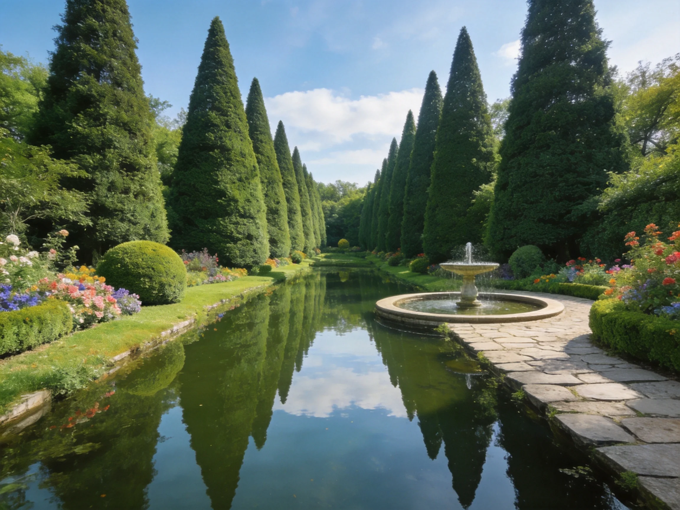 A serene garden with a central fountain, tall conical trees, and colorful flower beds.