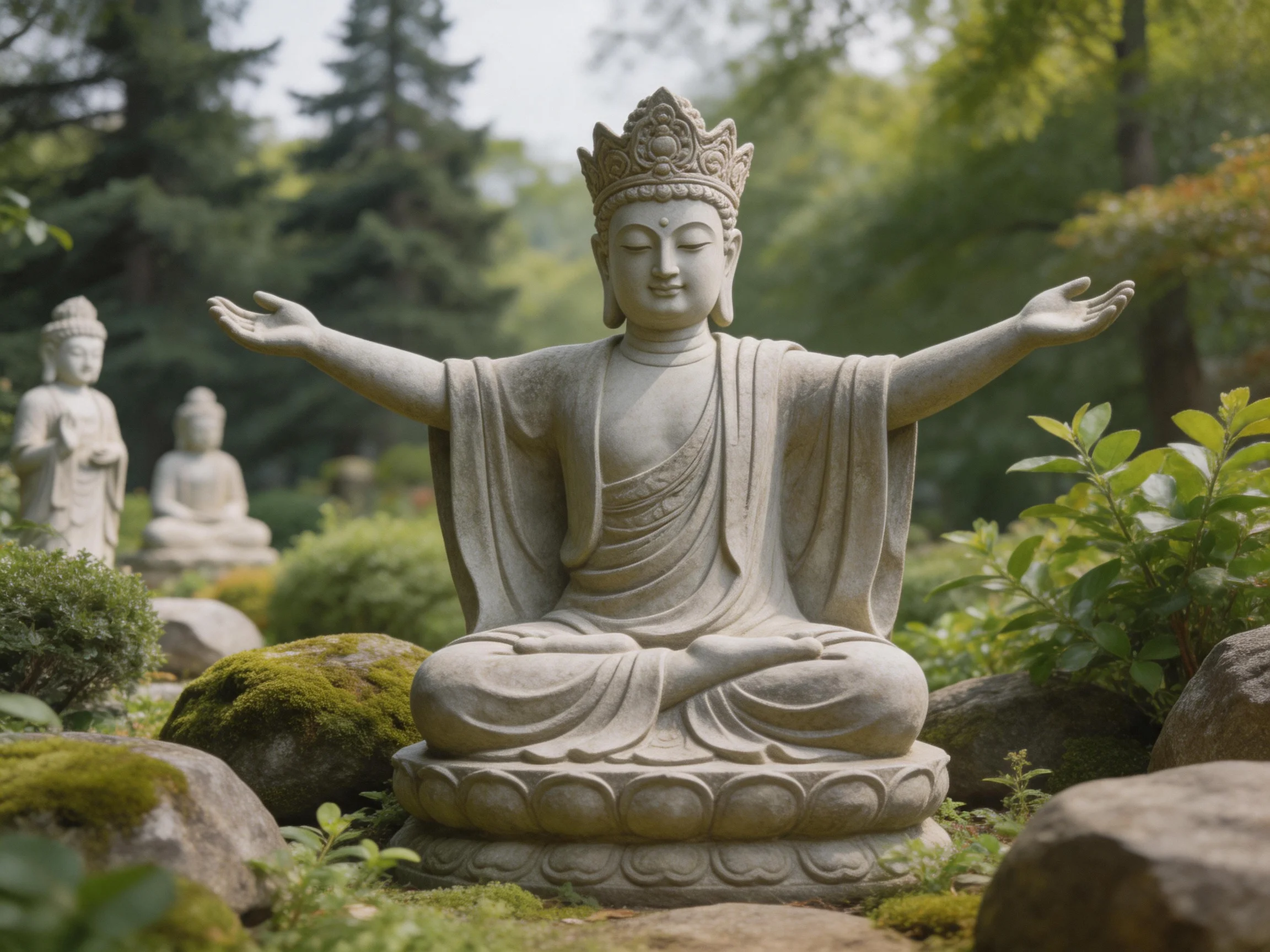 A serene garden with three stone Buddha statues surrounded by mossy rocks