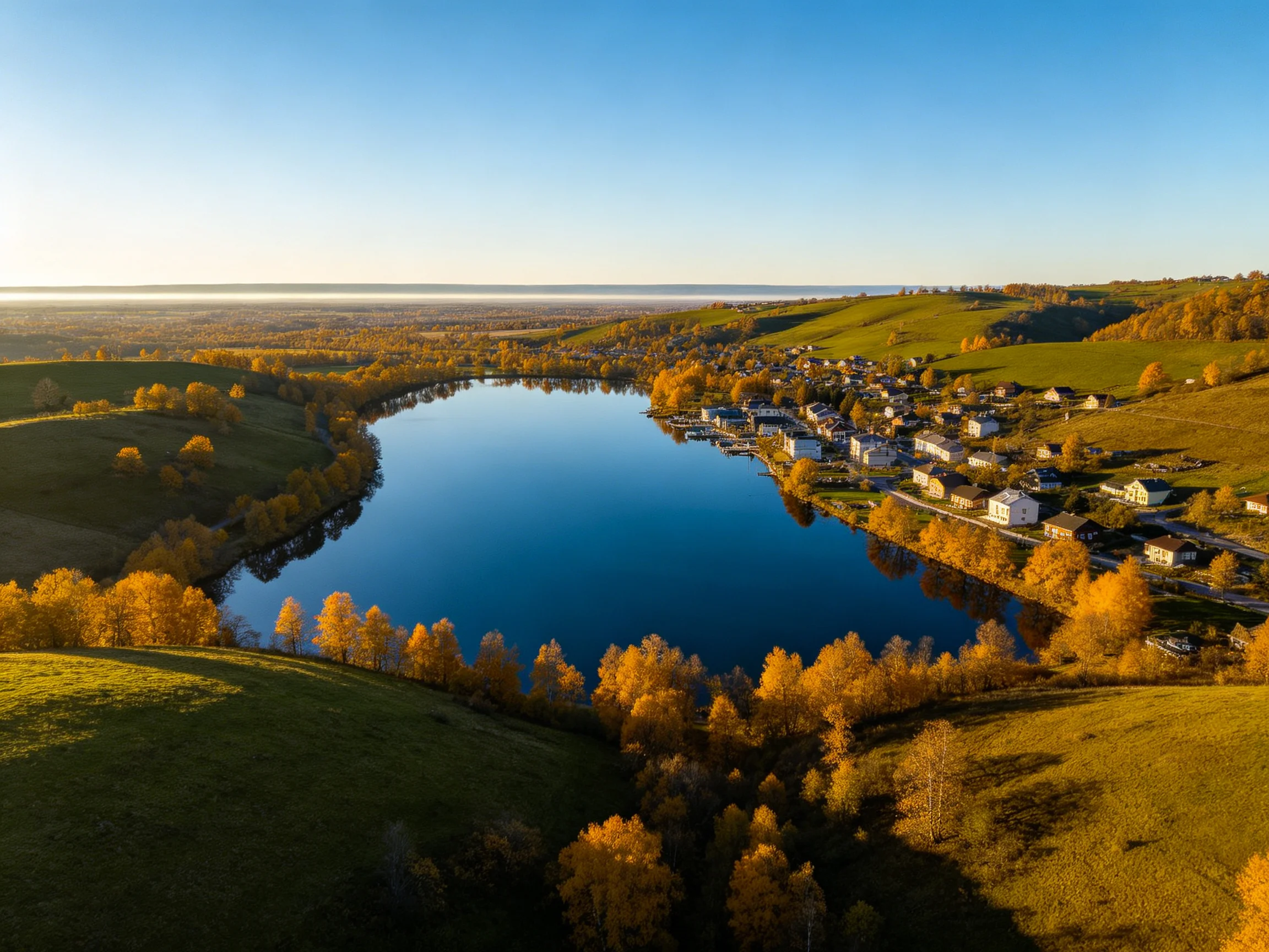 A serene lake bordered by golden autumn trees and rolling green hills
