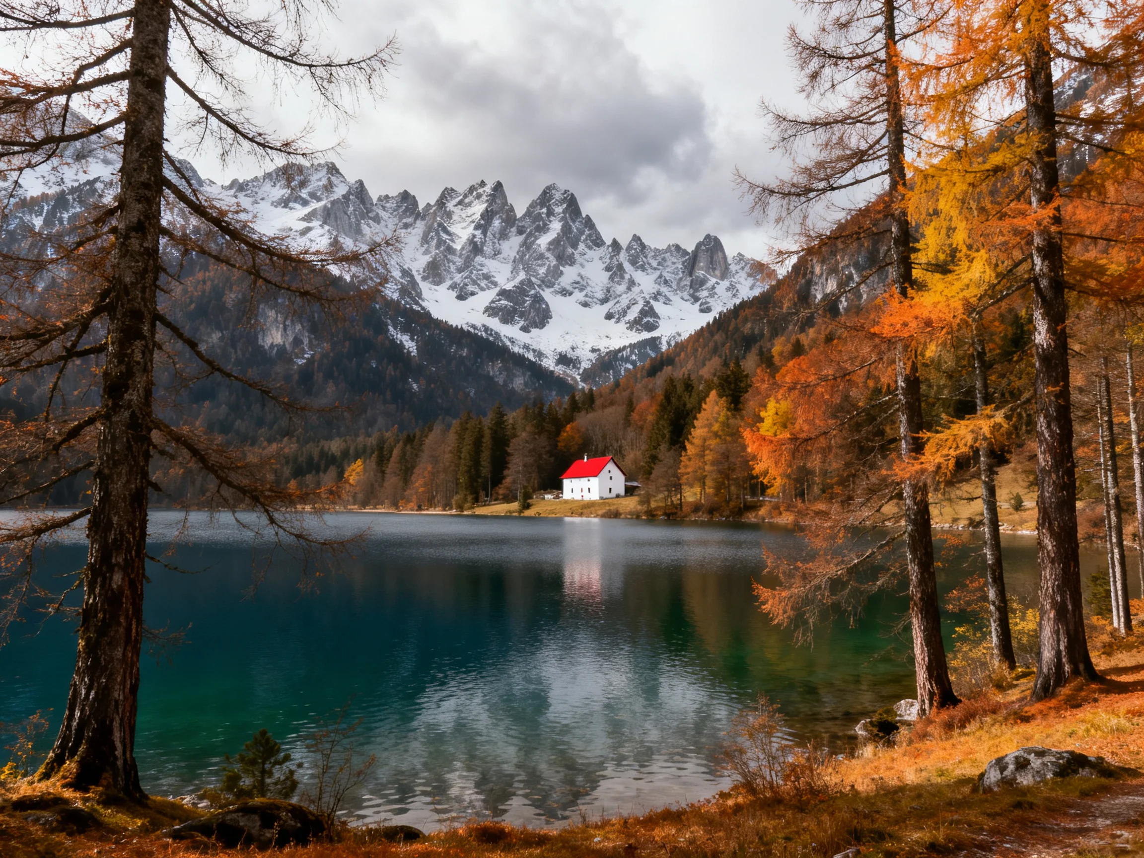 A serene lake reflects snowy peaks, a white house with red roof, and autumn - colored trees