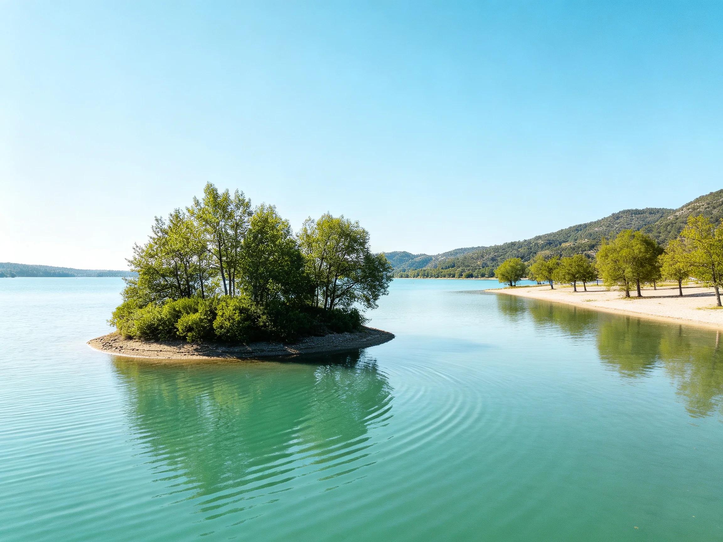 A serene lake with a tree-covered island and distant hills