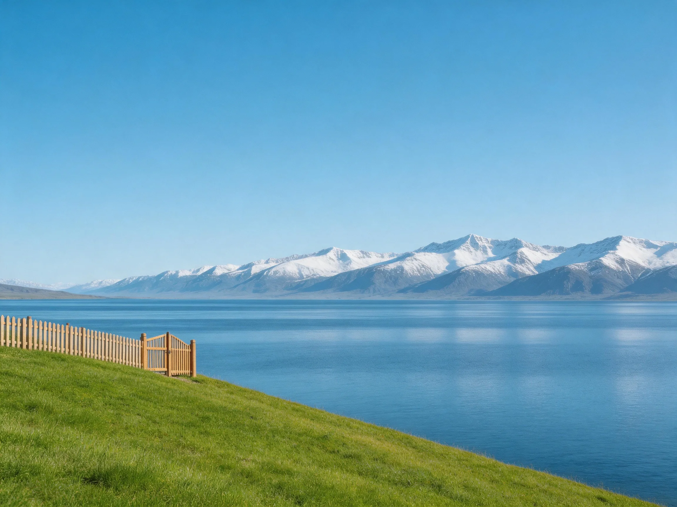 A serene lakeside landscape with snow-capped mountains and lush green grass