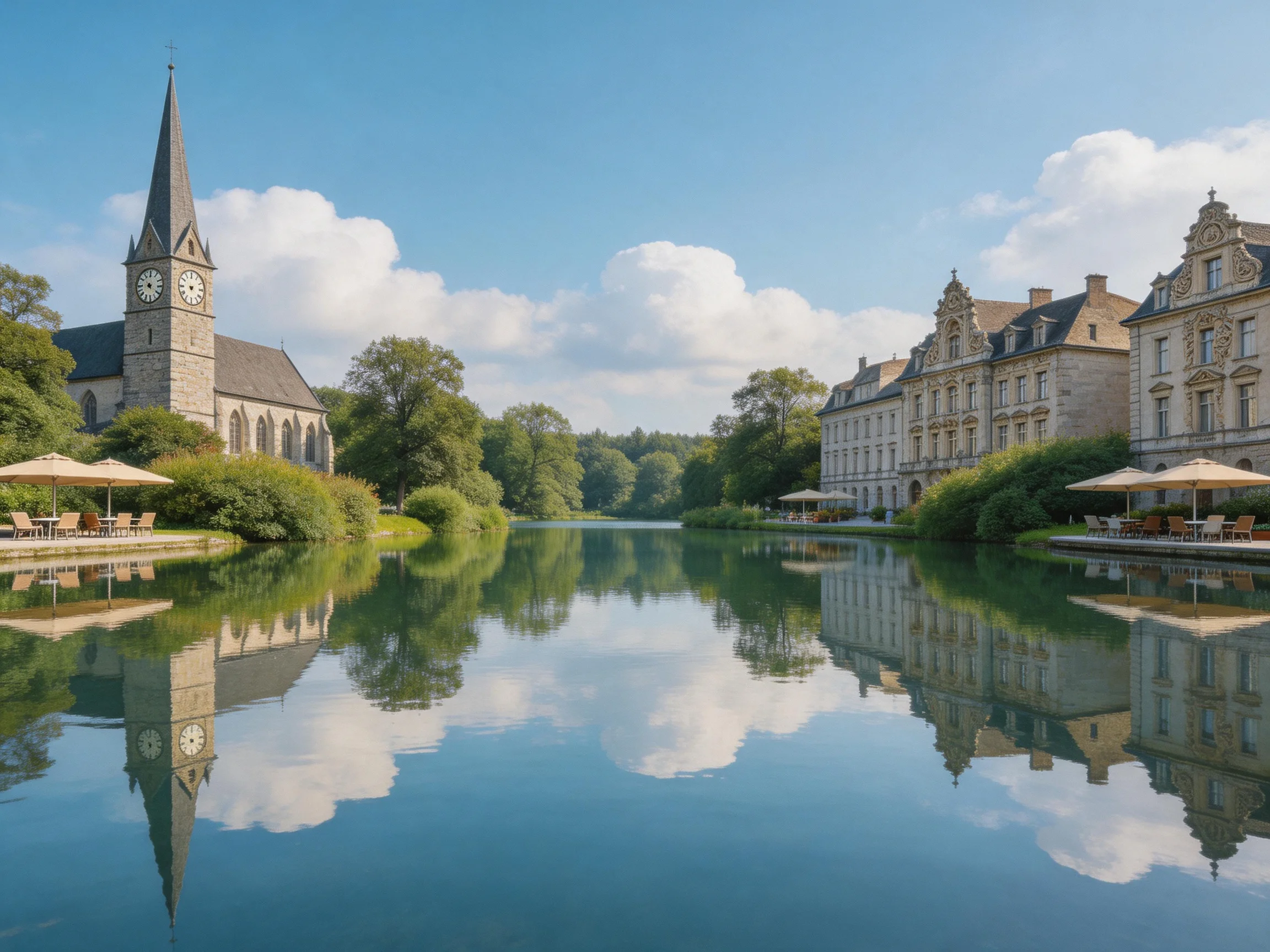 A serene lakeside scene with historic architecture and a clock tower