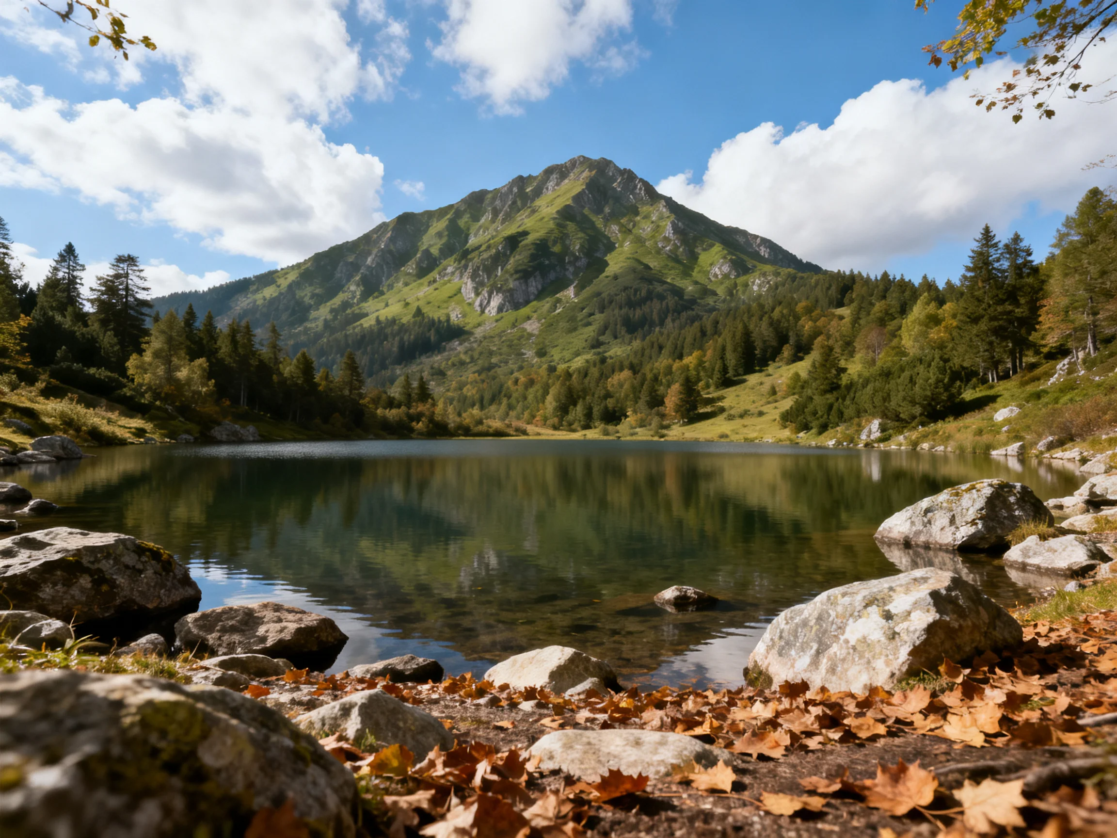 A serene mountain lake with rocky shores and forested hills