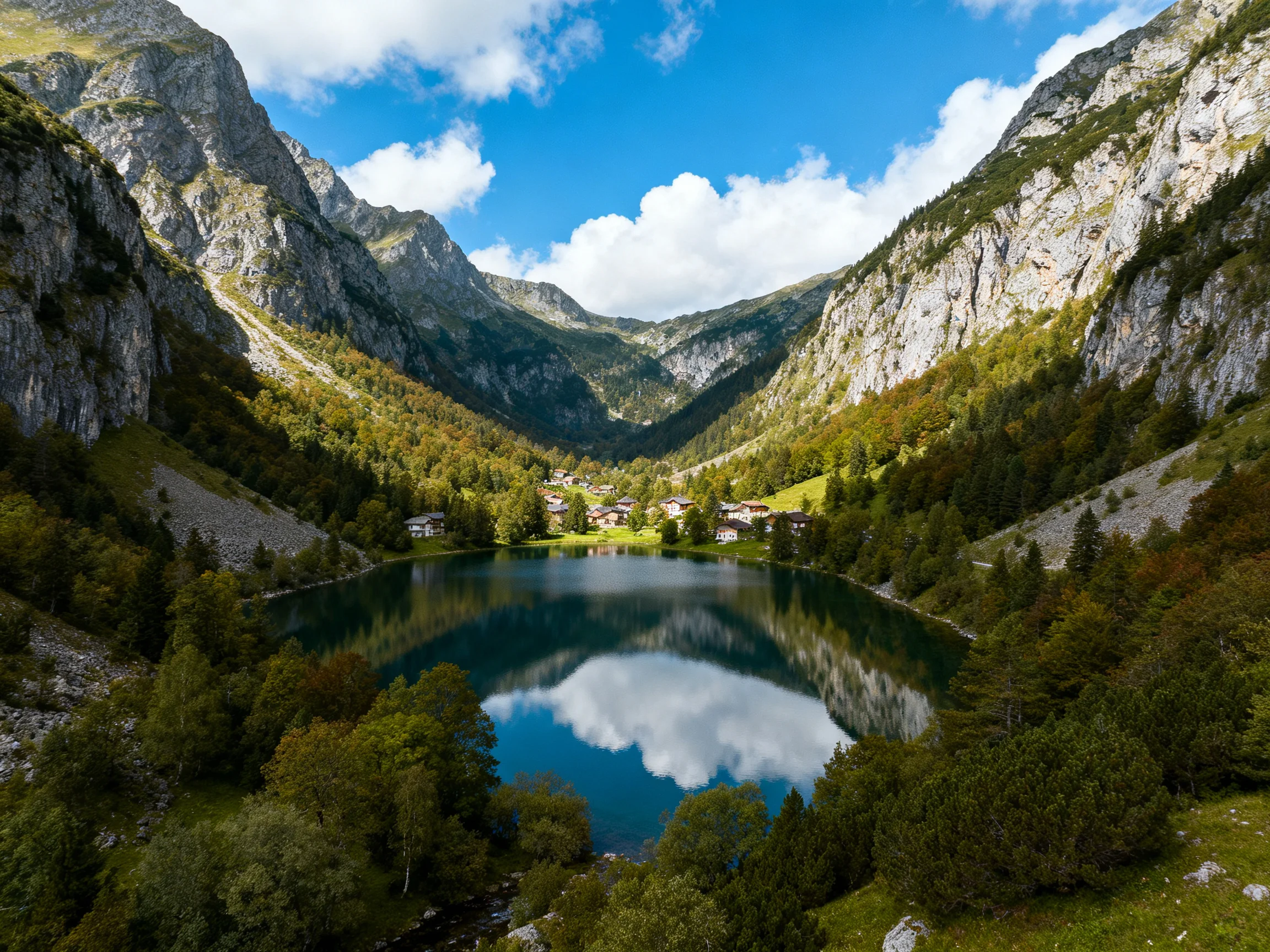 A serene mountain valley with a reflective lake and forested slopes