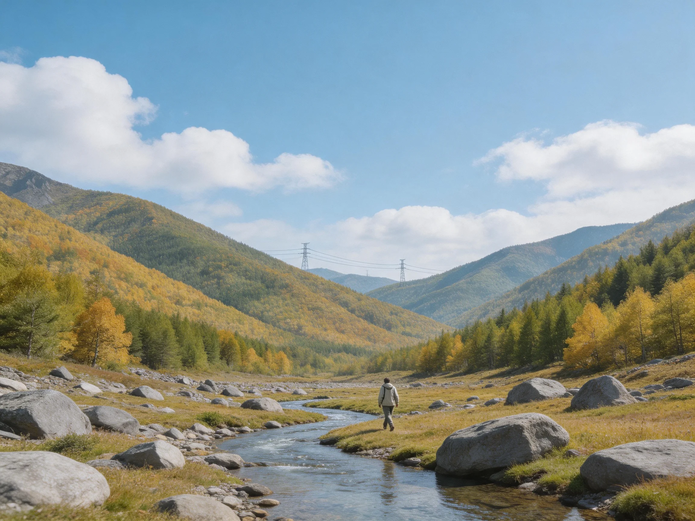 A serene mountain valley with golden forests and a winding stream