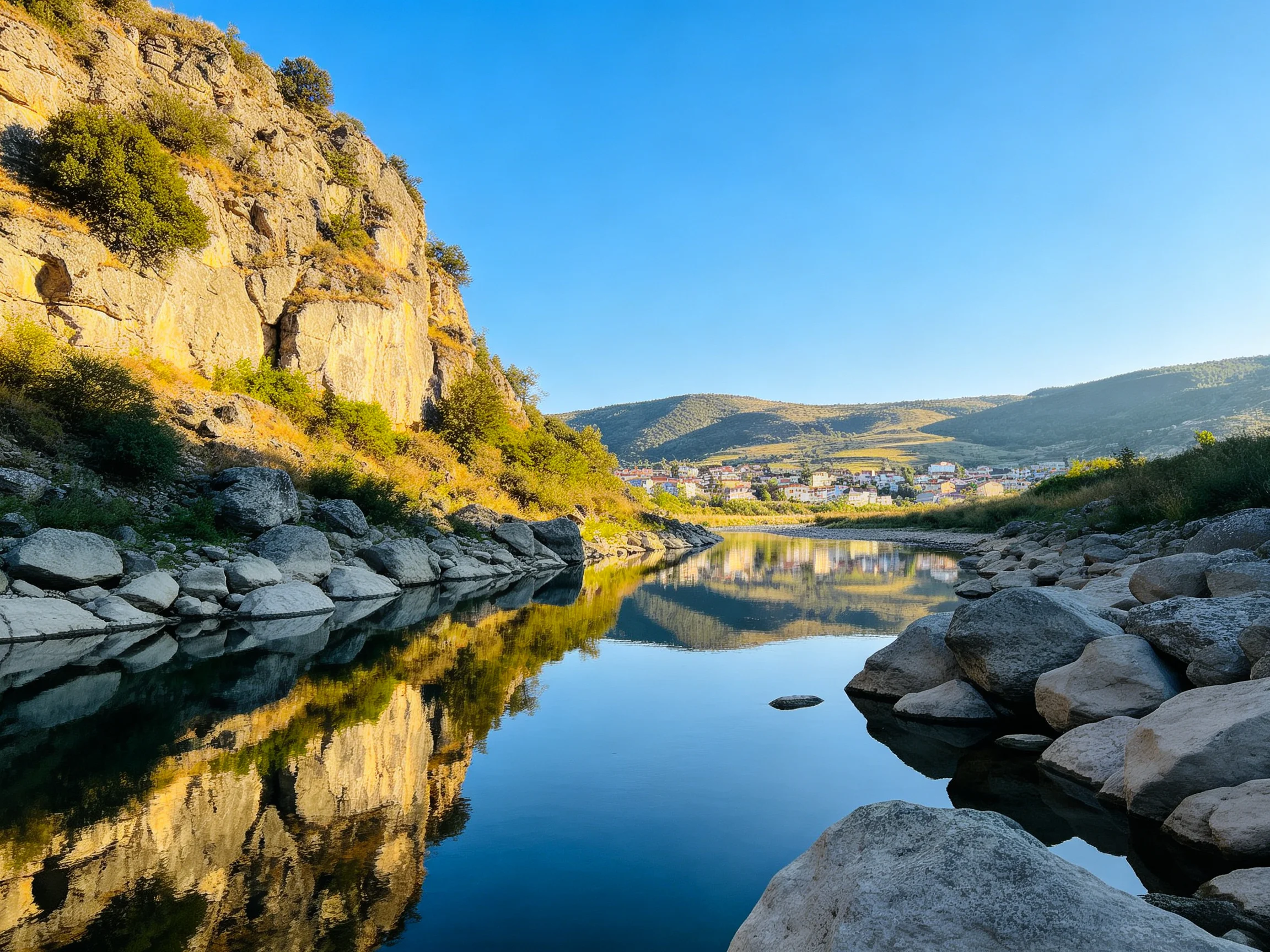 A serene river reflects rocky cliffs and distant town under clear blue sky