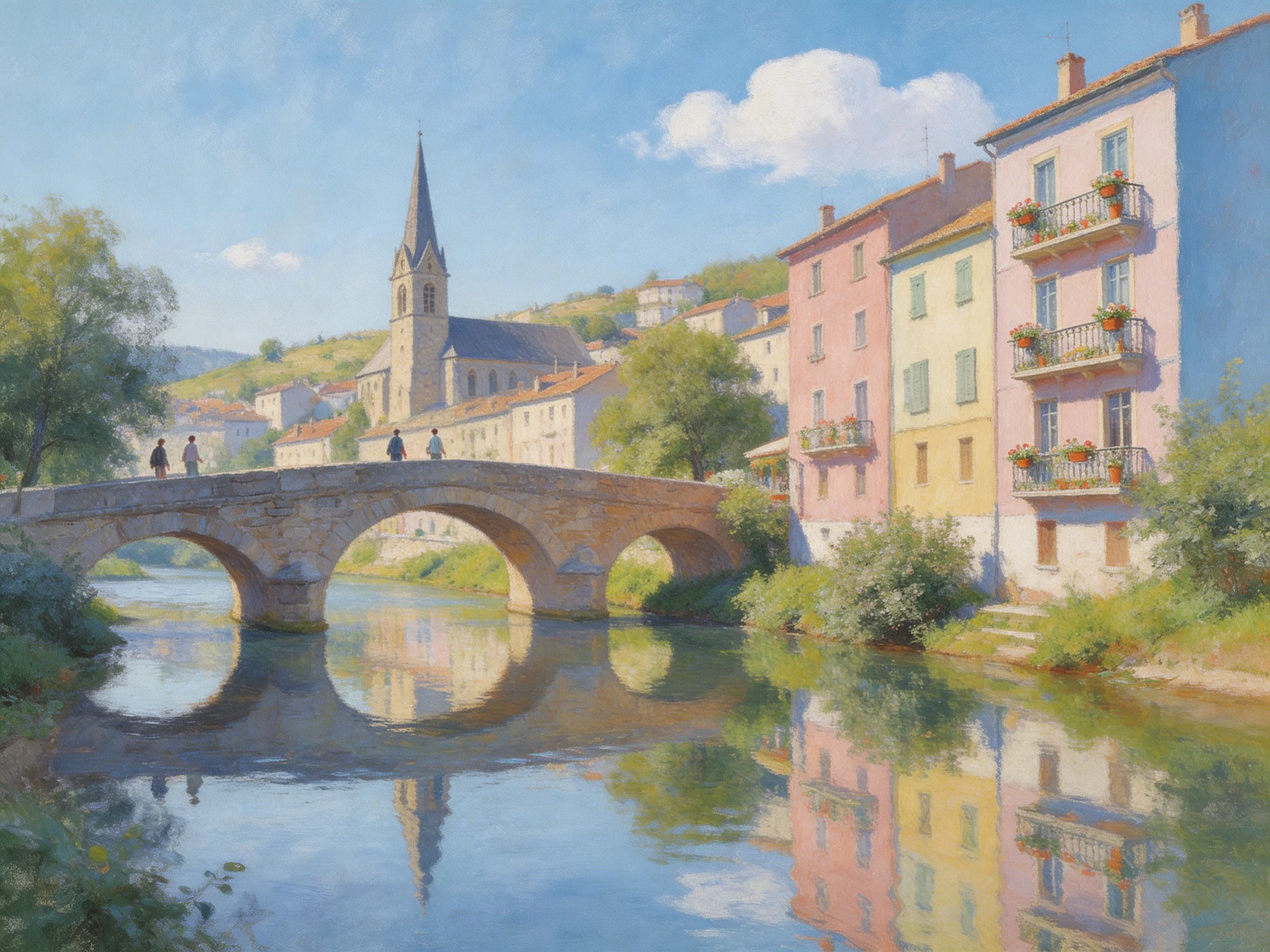 A serene riverside town with pastel-colored buildings and an ancient stone bridge