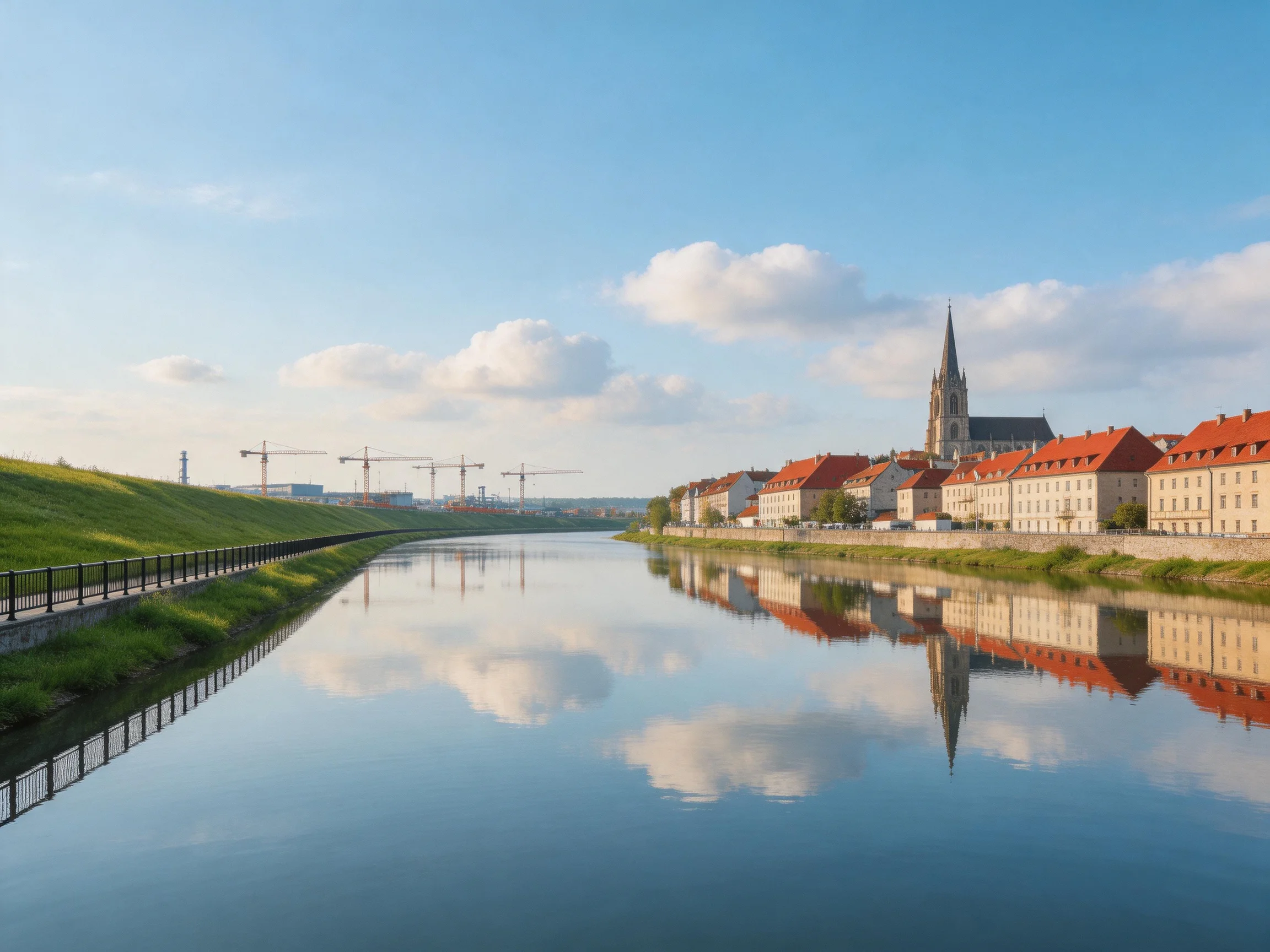 A serene riverside town with red-roofed buildings and a tall church tower