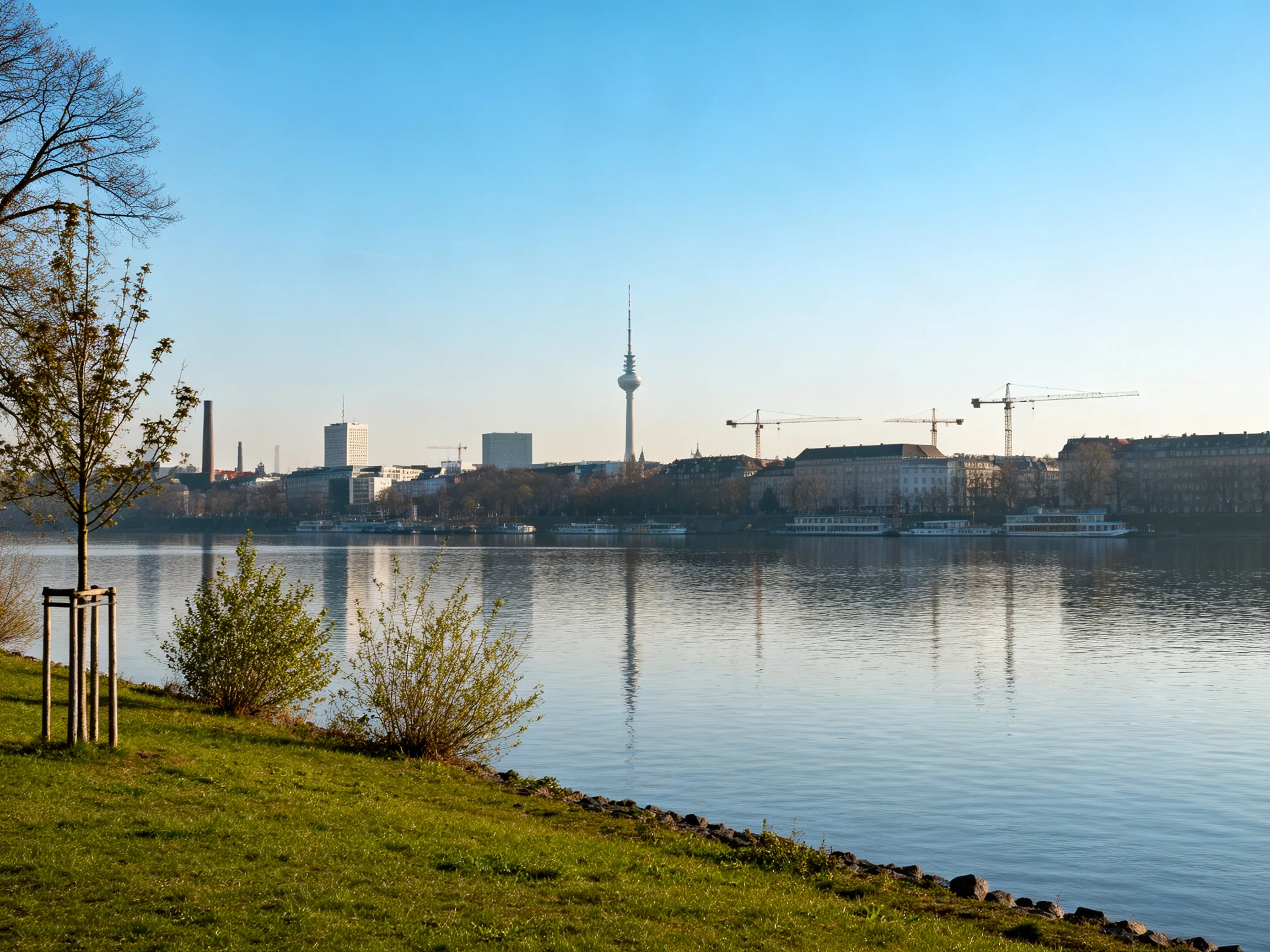 A serene riverside view with an urban skyline and construction cranes