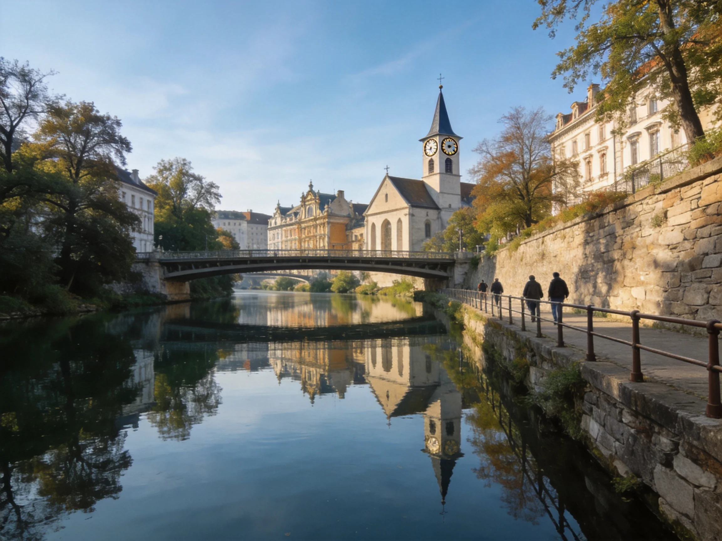 A serene riverside with a stone bridge, clock tower, and autumn trees