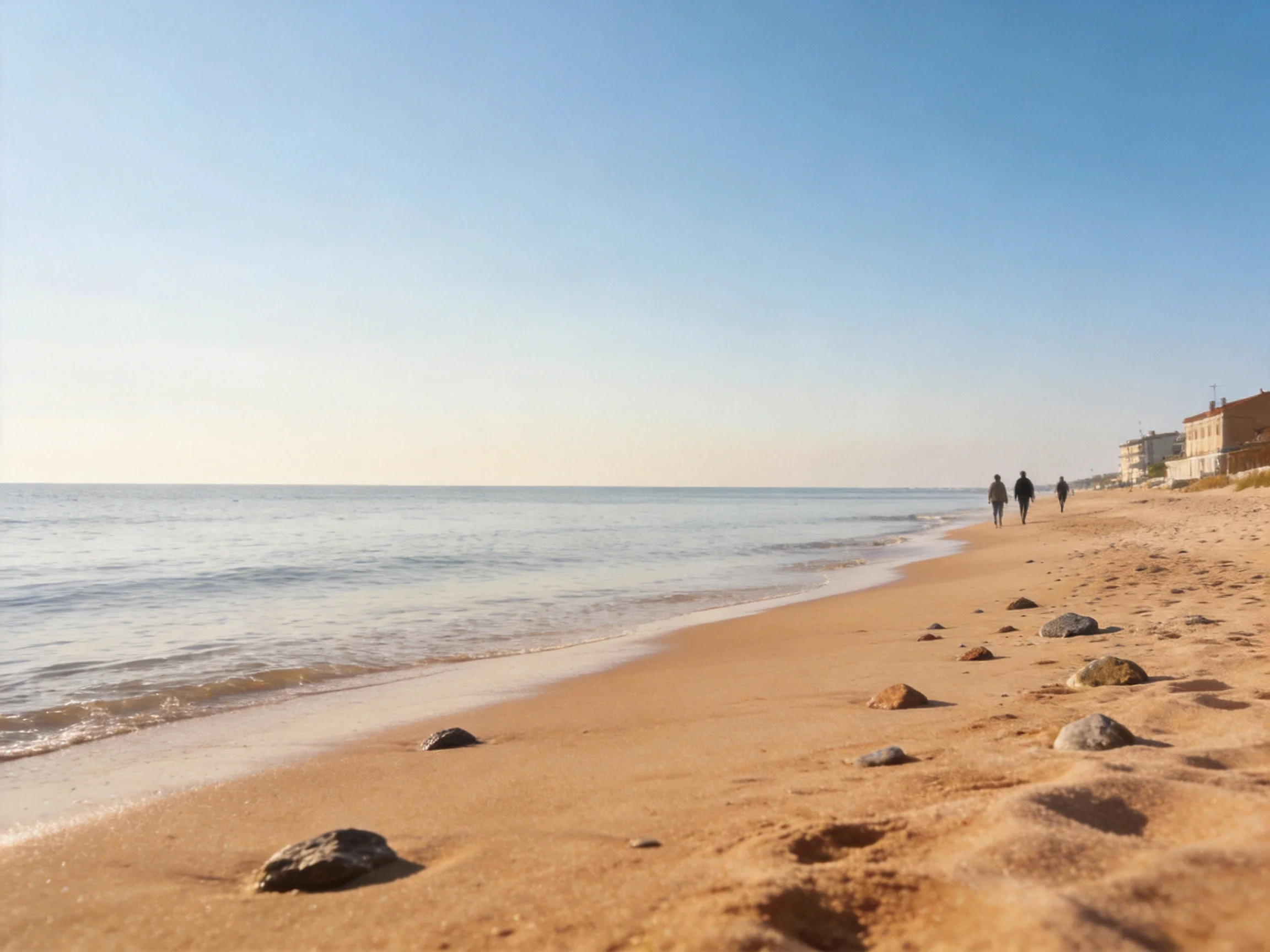 A serene sandy beach with calm waters and distant buildings
