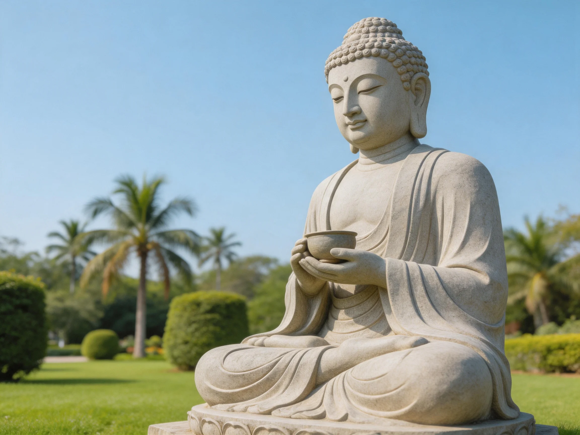 A serene stone Buddha statue holding a bowl in a landscaped garden