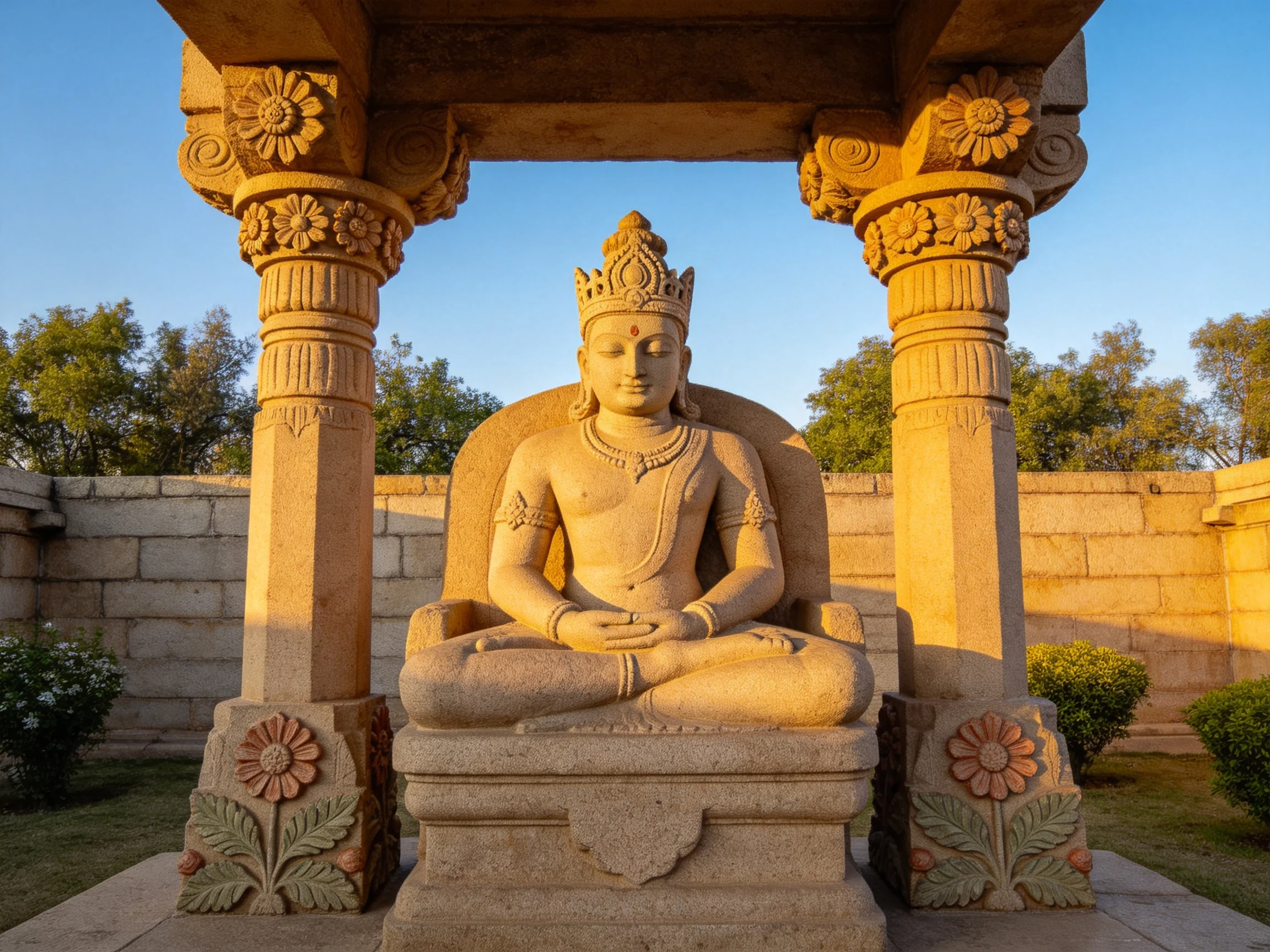 A serene stone Buddha statue under ornate carved columns