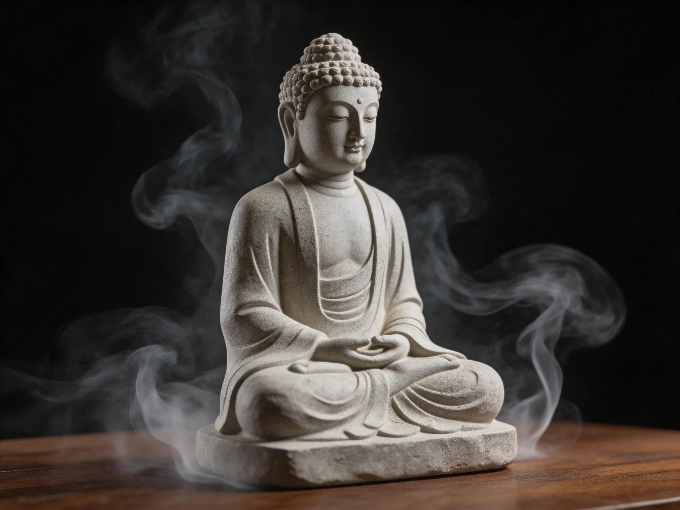 A serene stone Buddha statue with swirling smoke