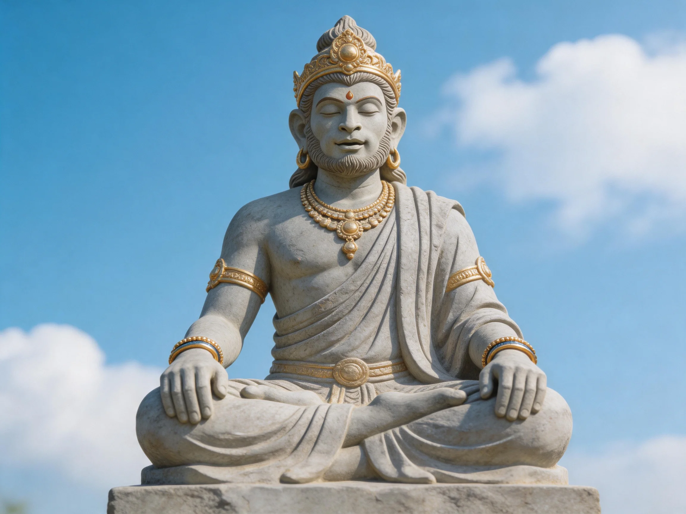 A serene stone statue adorned with golden ornaments in a meditative pose